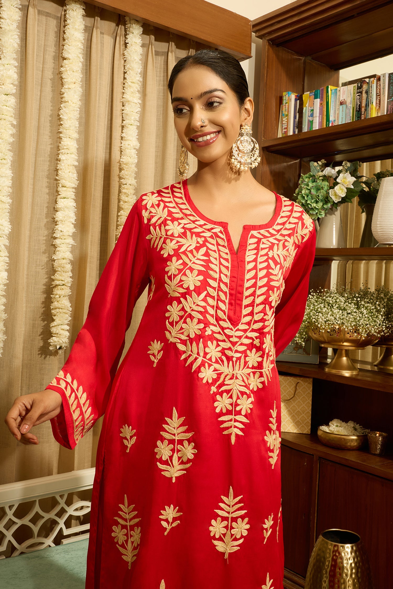 Kashmiri Aari Embroidered Kurta Set with Farsi Pants in Red Satin Silk