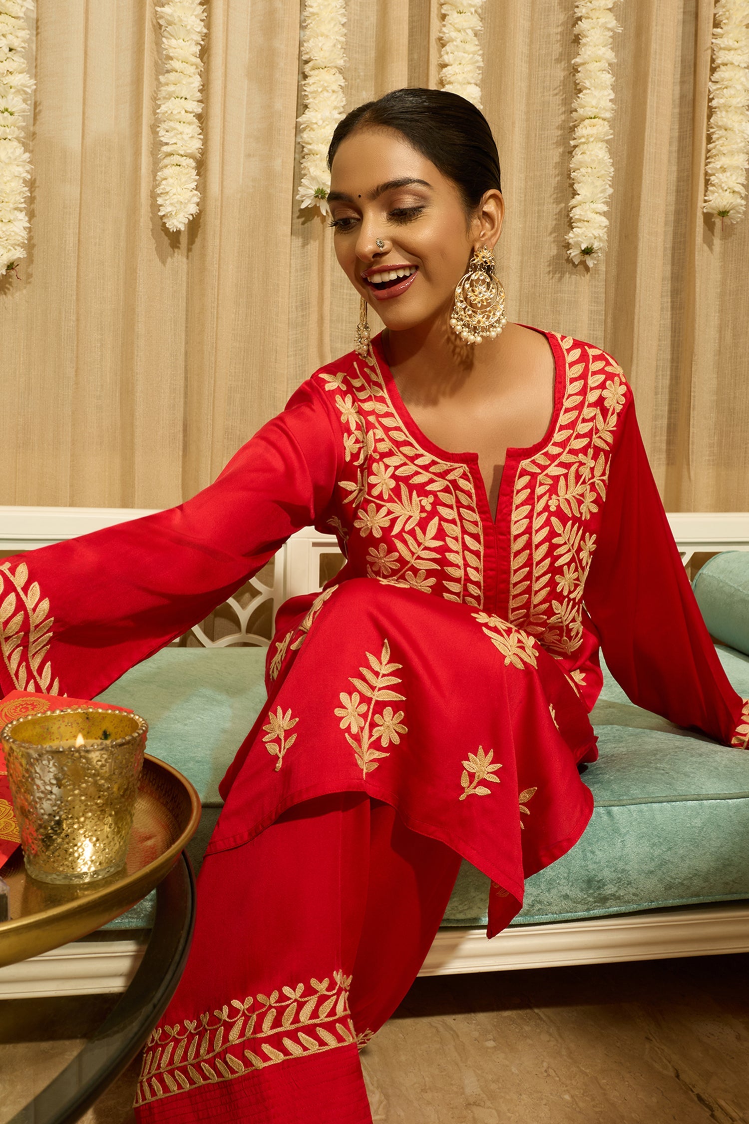 Kashmiri Aari Embroidered Kurta Set with Farsi Pants in Red Satin Silk