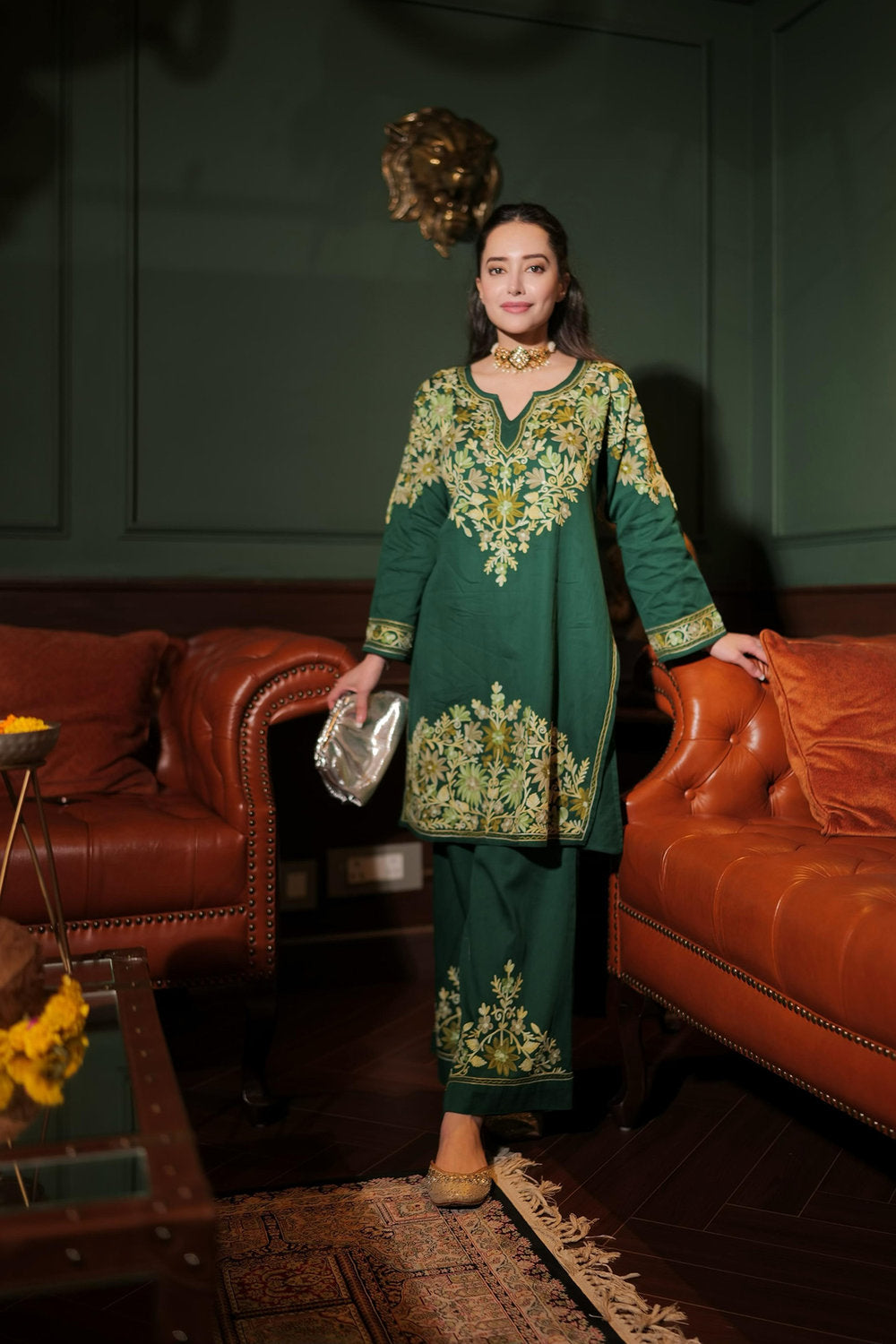 Komal X HOK Kashmiri Aari Embroidered Kurta Set with Bellbottom Pants in Green Cotton Silk