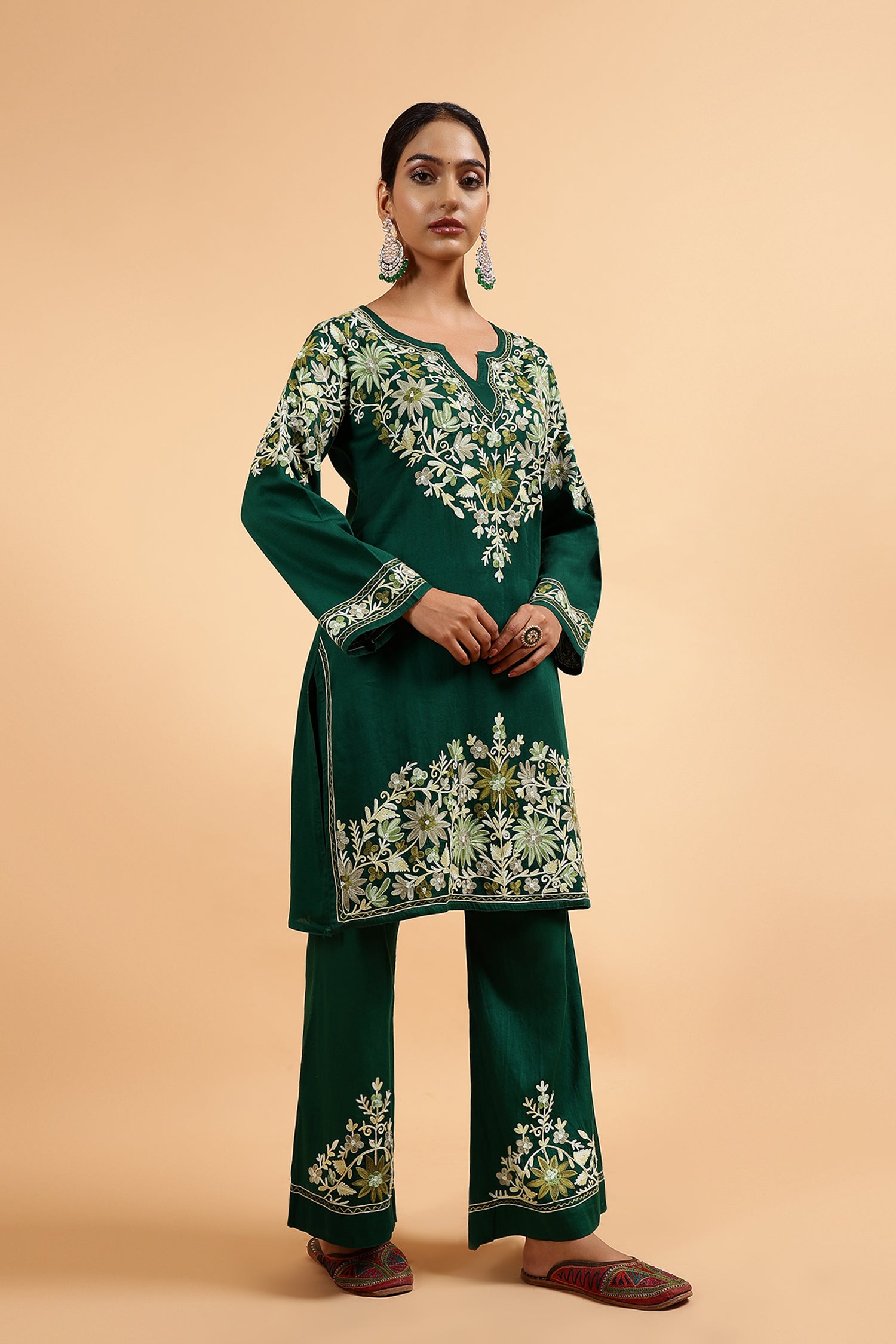 Kashmiri Aari Embroidered Kurta Set with Bellbottom Pants in Green Cotton Silk