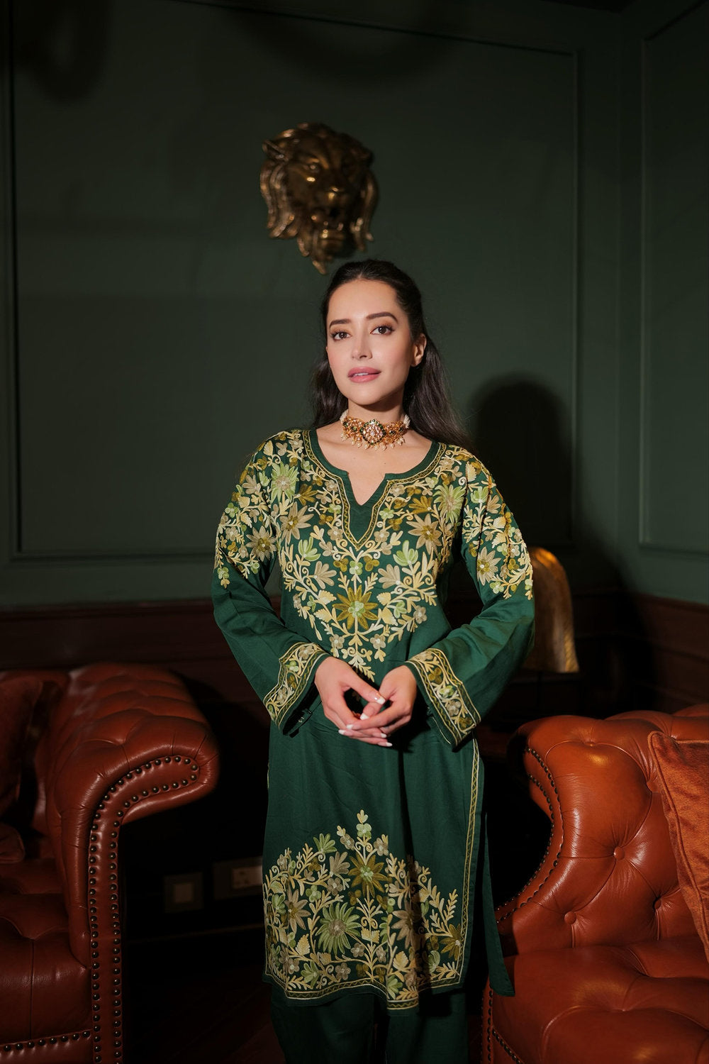 Komal X HOK Kashmiri Aari Embroidered Kurta Set with Bellbottom Pants in Green Cotton Silk