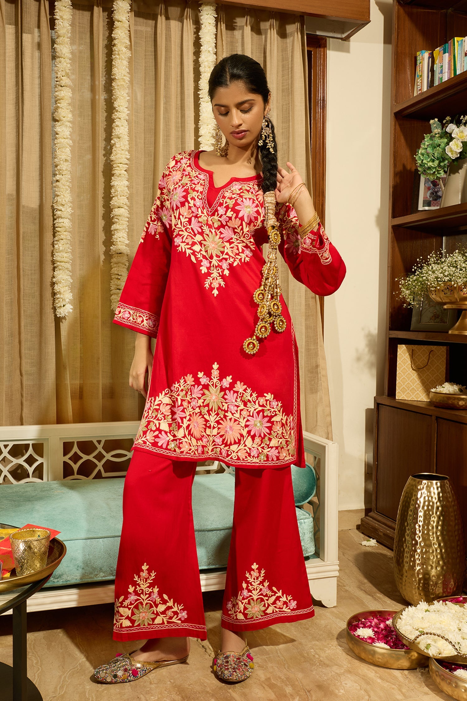Kashmiri Aari Embroidered Kurta Set with Bellbottom Pants in Red Cotton Silk