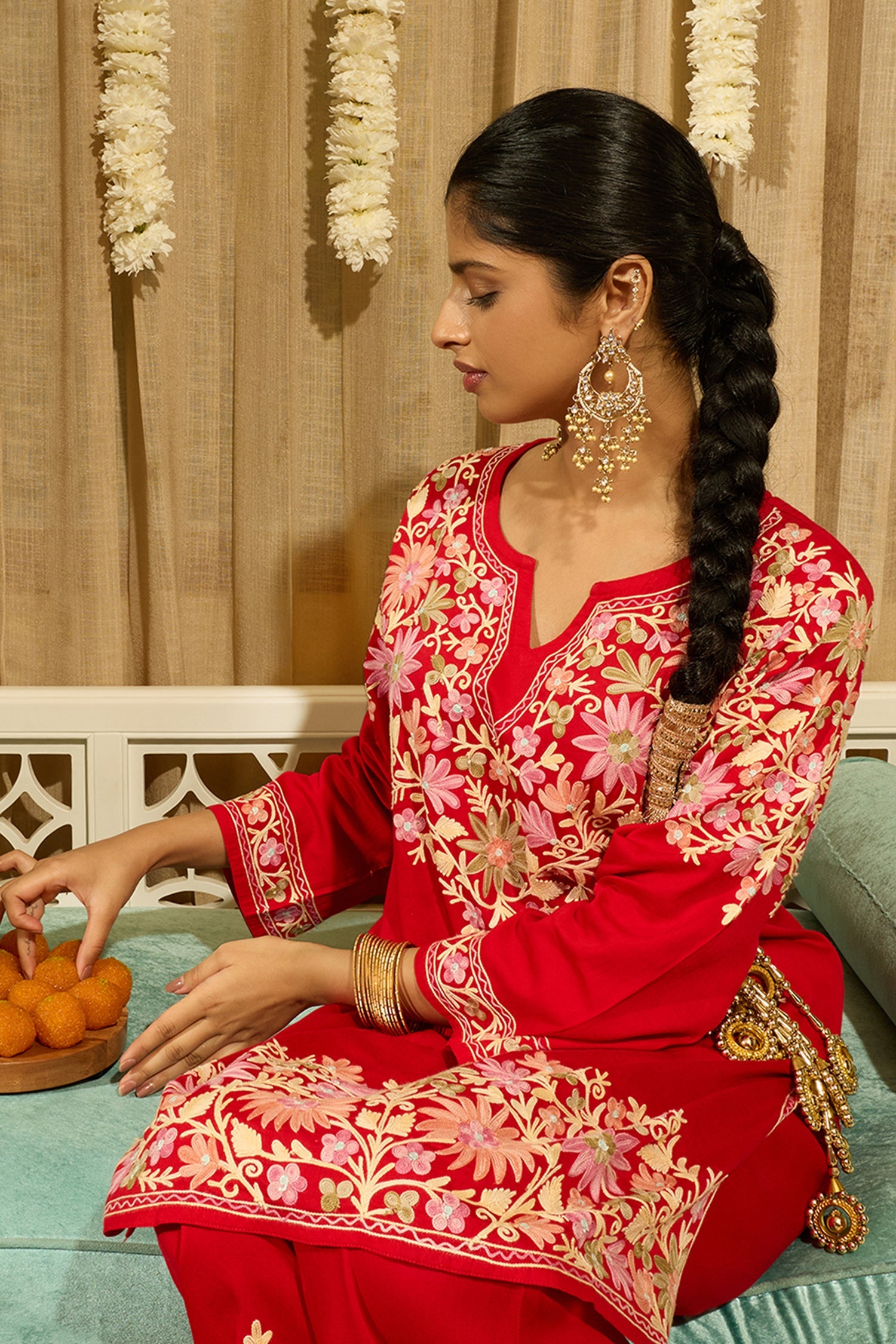 Kashmiri Aari Embroidered Kurta Set with Bellbottom Pants in Red Cotton Silk