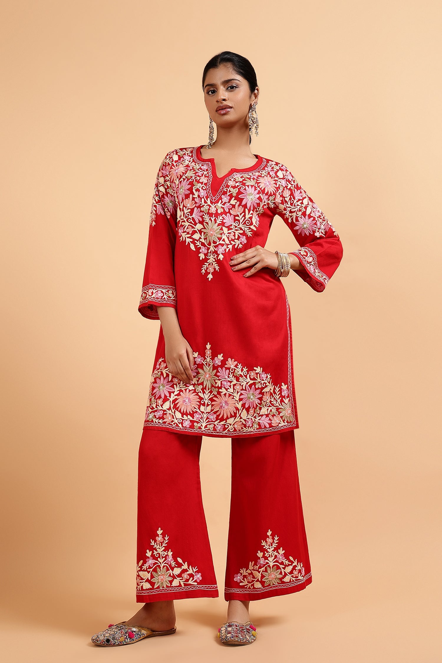 Kashmiri Aari Embroidered Kurta Set with Bellbottom Pants in Red Cotton Silk