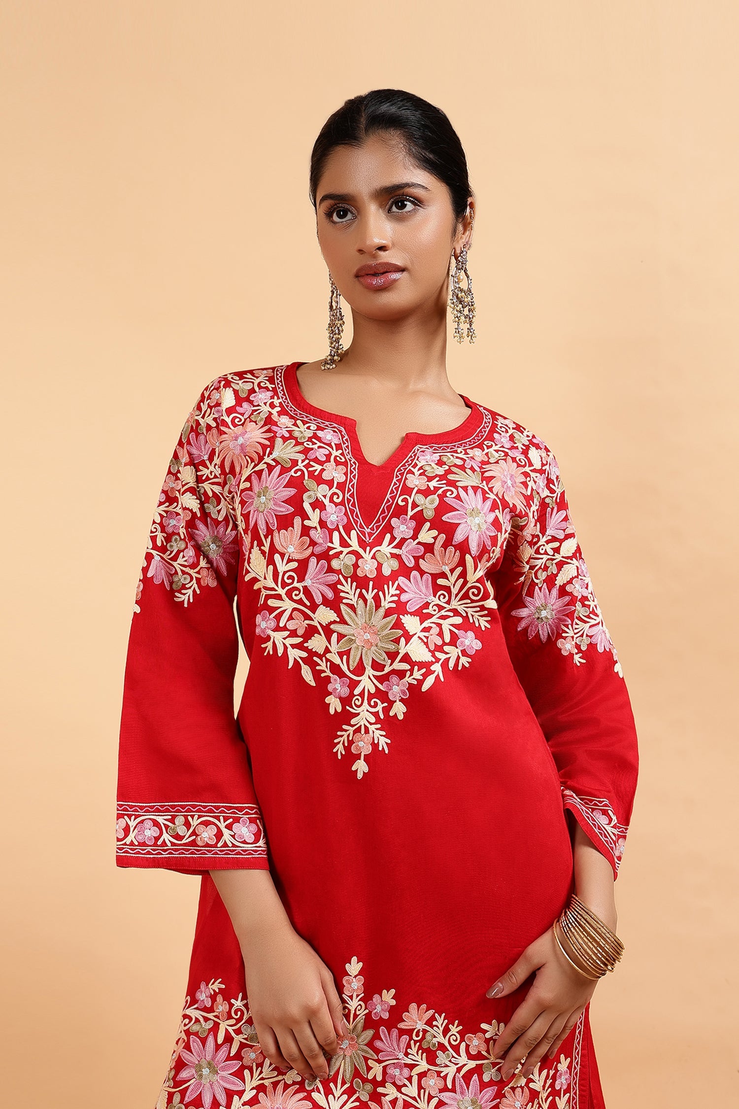 Kashmiri Aari Embroidered Kurta Set with Bellbottom Pants in Red Cotton Silk