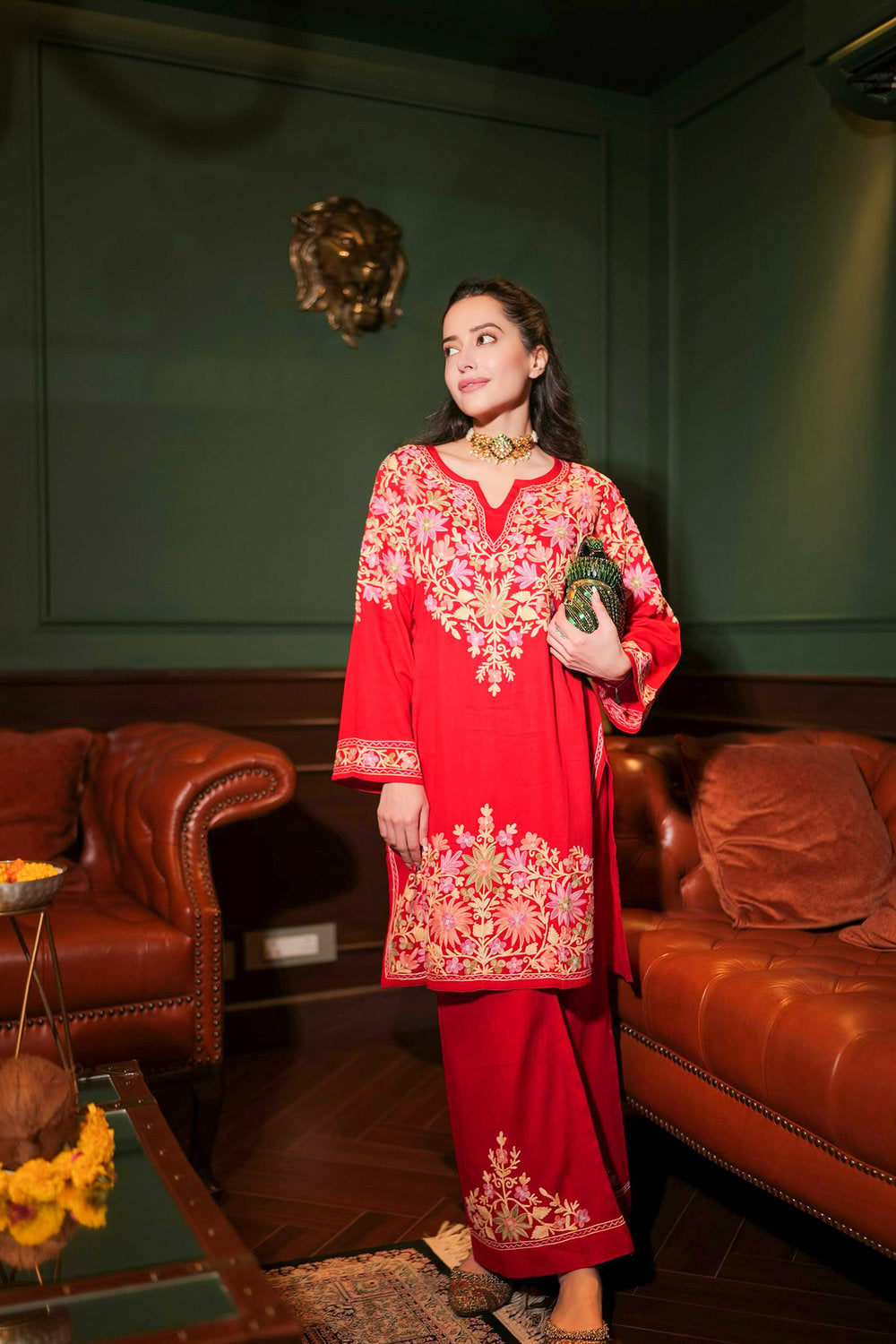 Komal X HOK Kashmiri Aari Embroidered Kurta Set with Bellbottom Pants in Red Cotton Silk