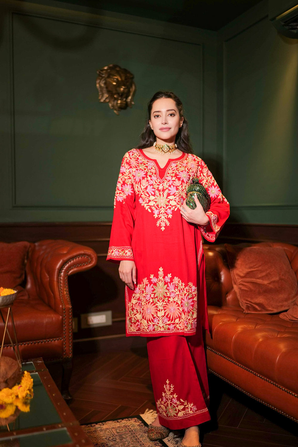 Komal X HOK Kashmiri Aari Embroidered Kurta Set with Bellbottom Pants in Red Cotton Silk