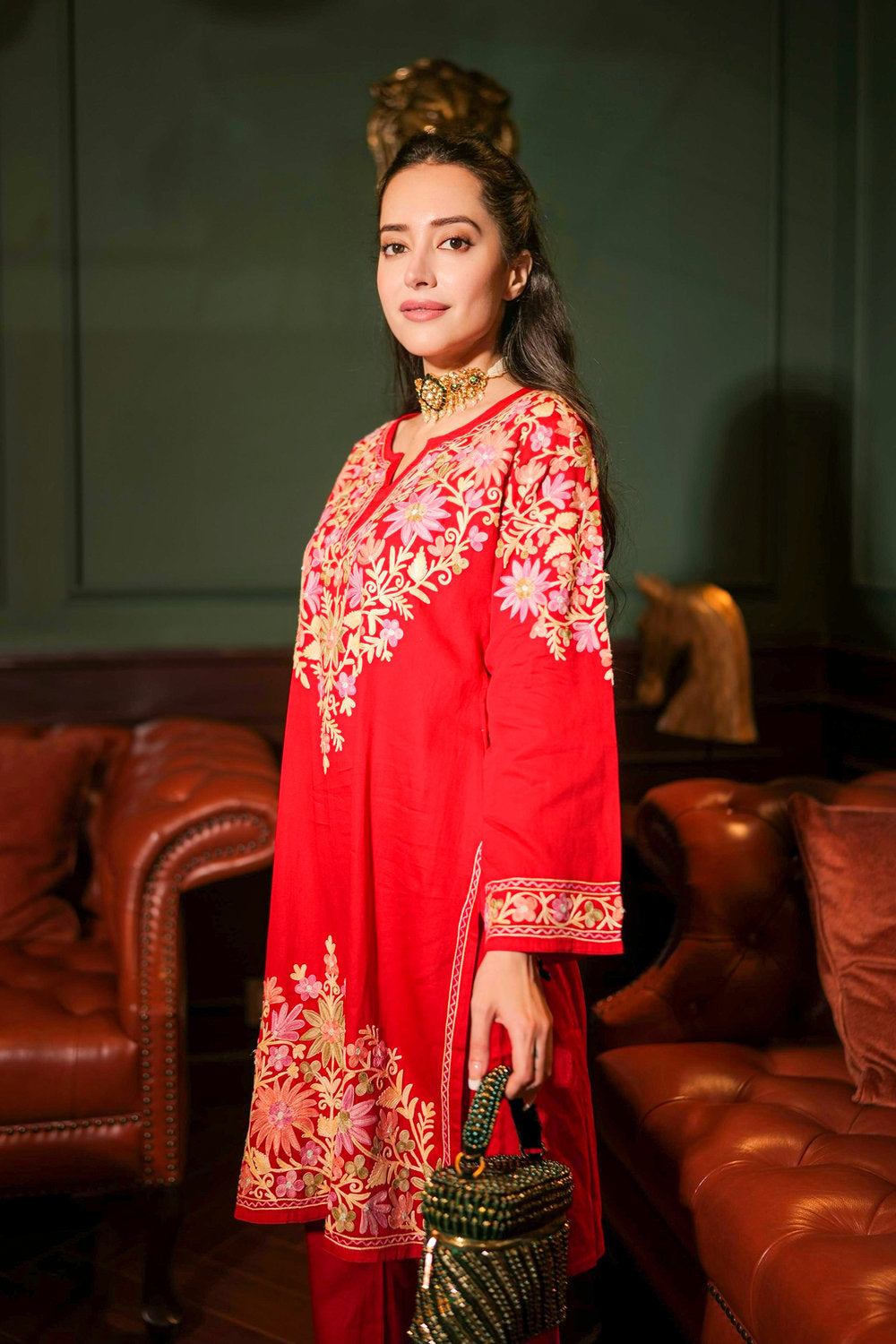 Komal X HOK Kashmiri Aari Embroidered Kurta Set with Bellbottom Pants in Red Cotton Silk
