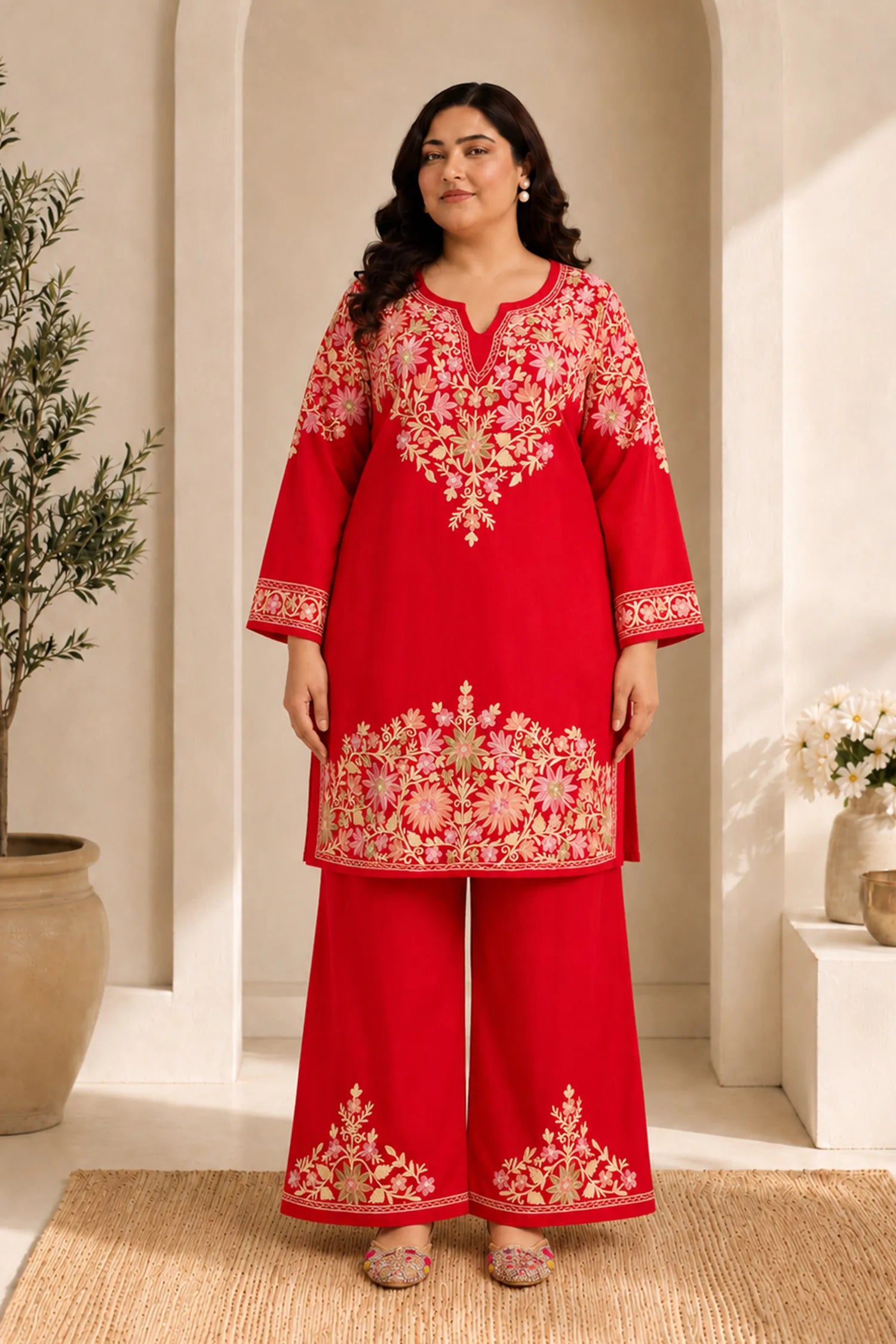 Plus Size - Kashmiri Aari Embroidered Kurta Set with Bellbottom Pants in Red Cotton Silk