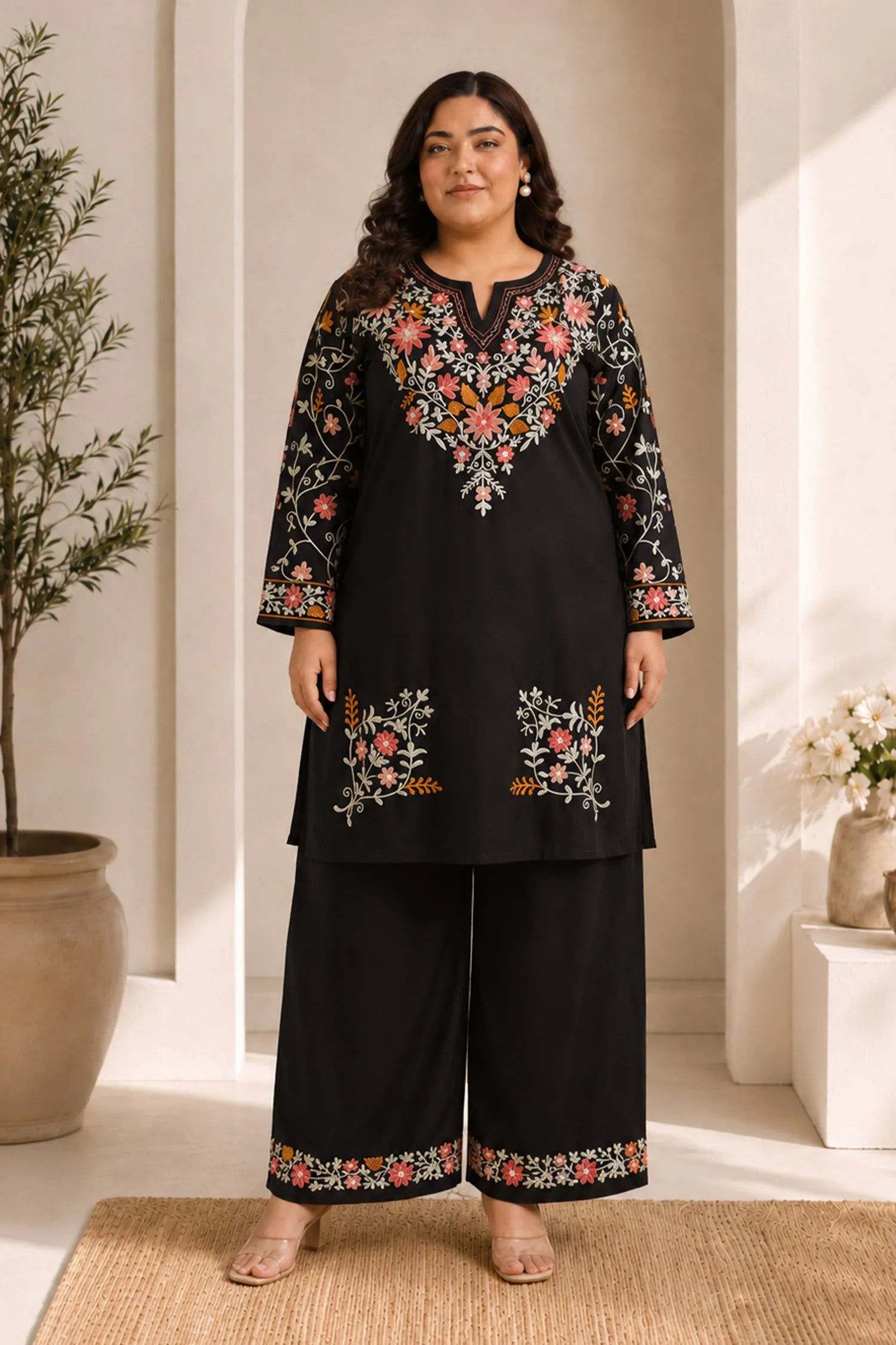 Plus Size - Cotton Kashmiri Aari Embroidered Kurta Set – Black with Farsi Bottoms
