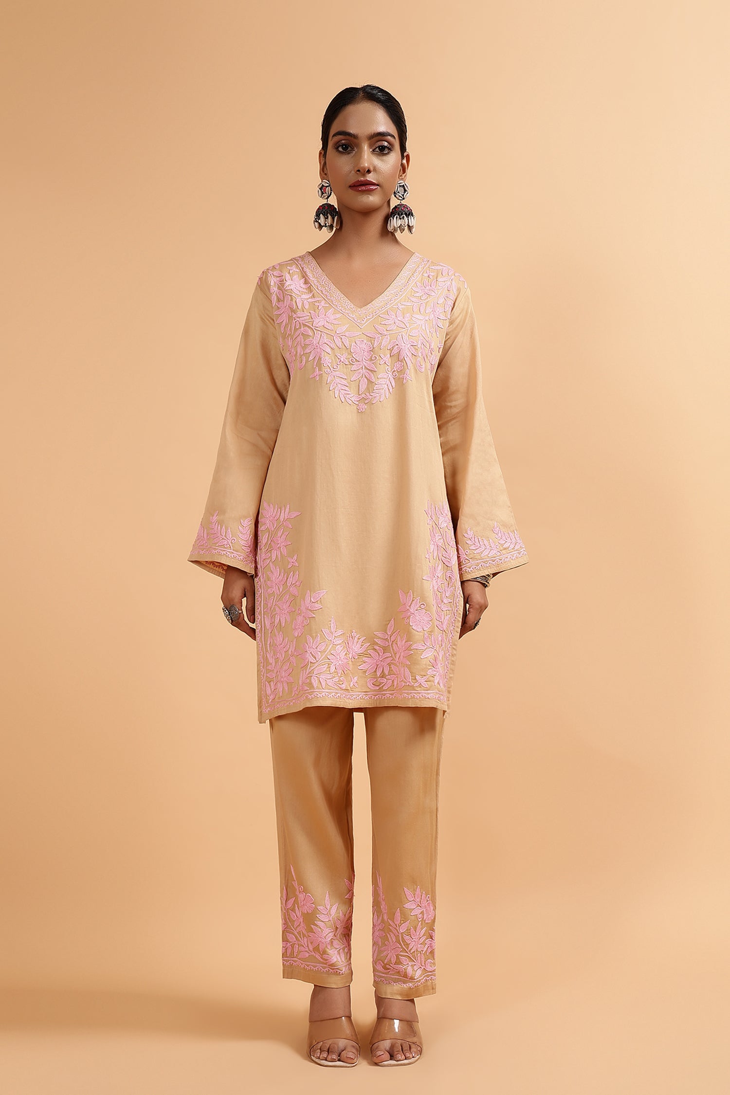 Beige Cotton Silk Kashmiri Aari Kurta Set with Pink Floral Embroidery