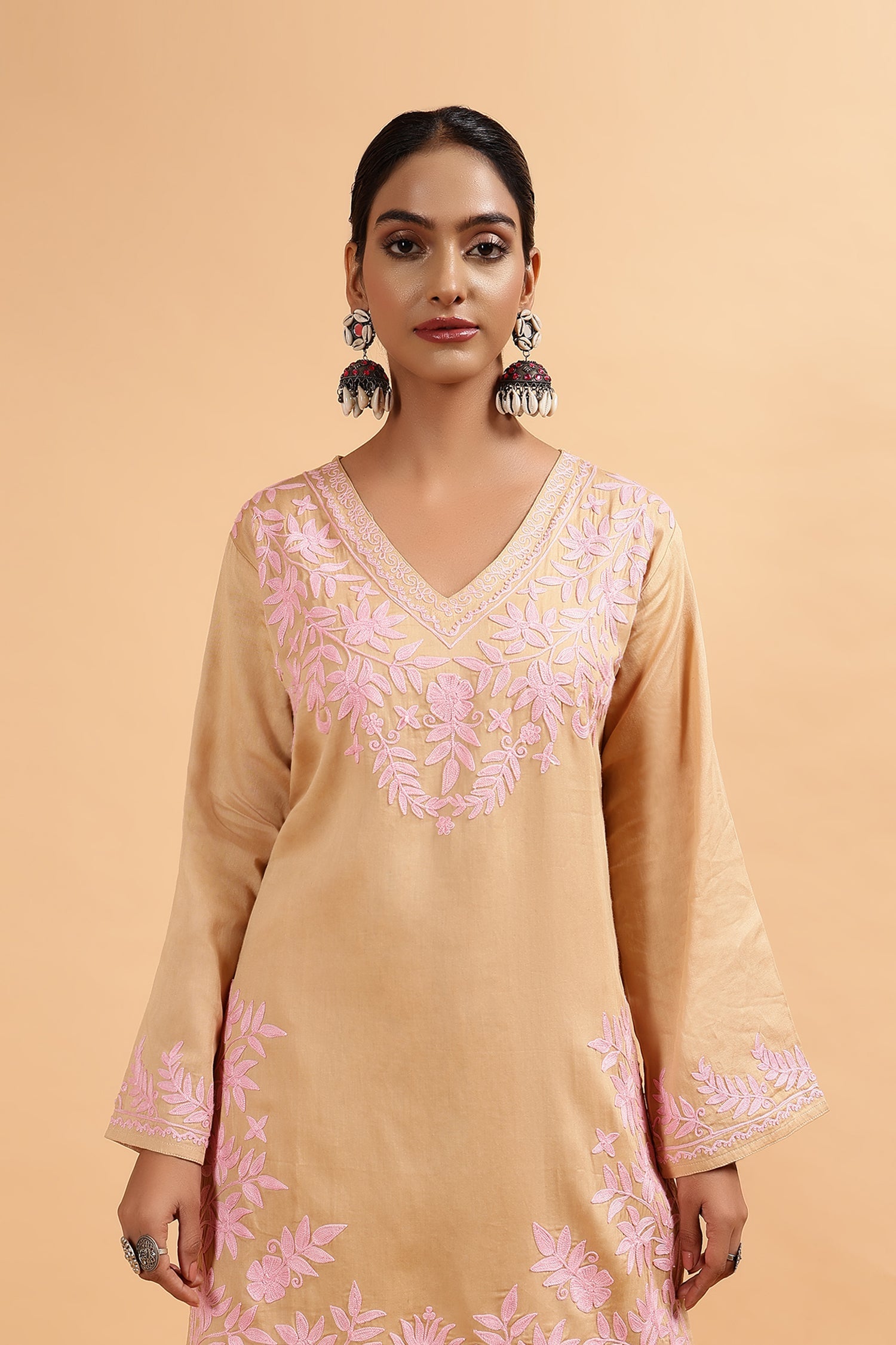 Beige Cotton Silk Kashmiri Aari Kurta Set with Pink Floral Embroidery