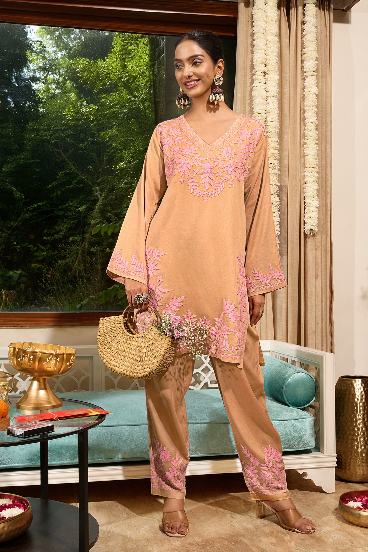 Beige Cotton Silk Kashmiri Aari Kurta Set with Pink Floral Embroidery
