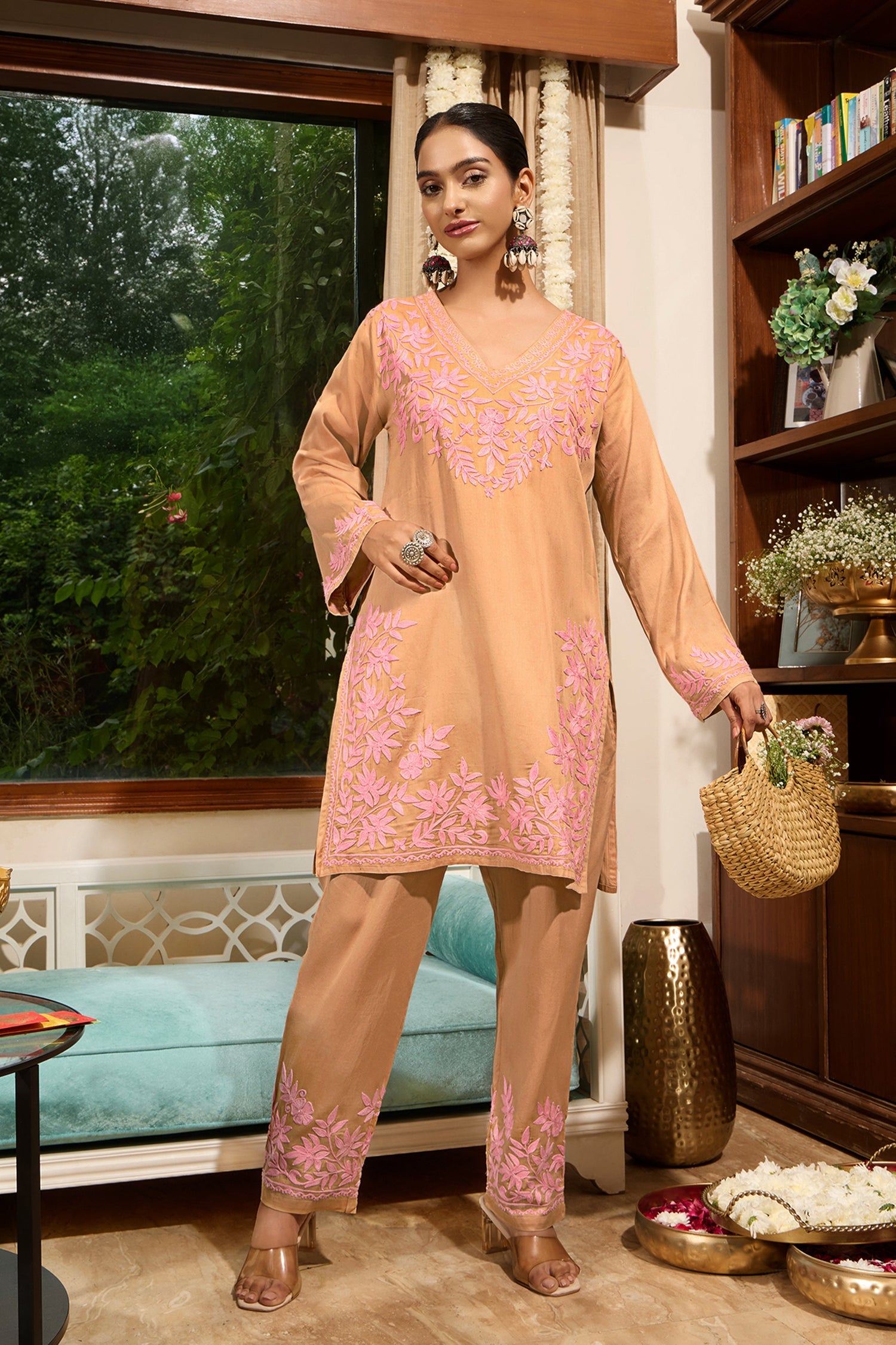 Beige Cotton Silk Kashmiri Aari Kurta Set with Pink Floral Embroidery