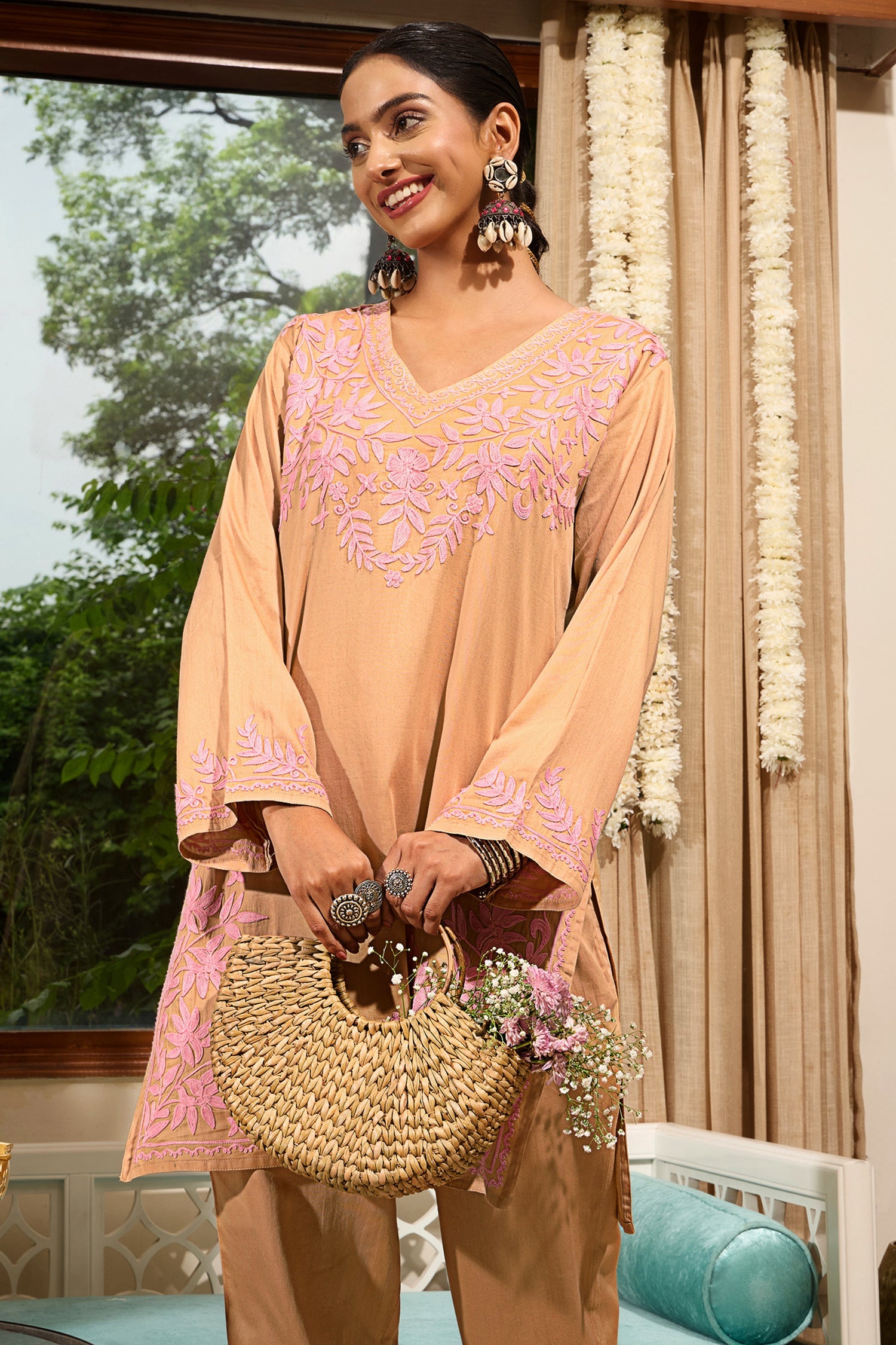 Beige Cotton Silk Kashmiri Aari Kurta Set with Pink Floral Embroidery