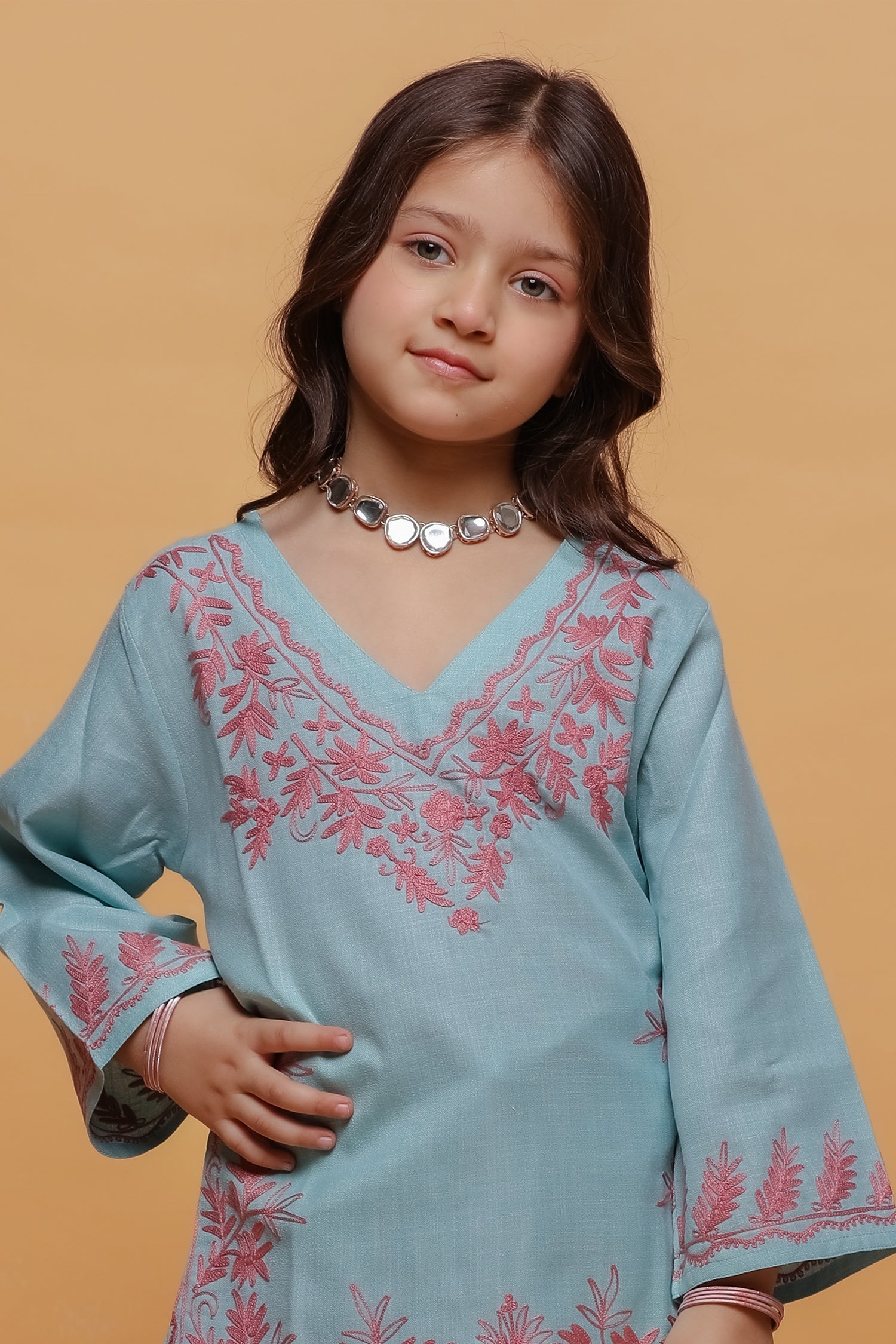 Kids Powder Blue Cotton Kurta Set with Kashmiri Aari Work