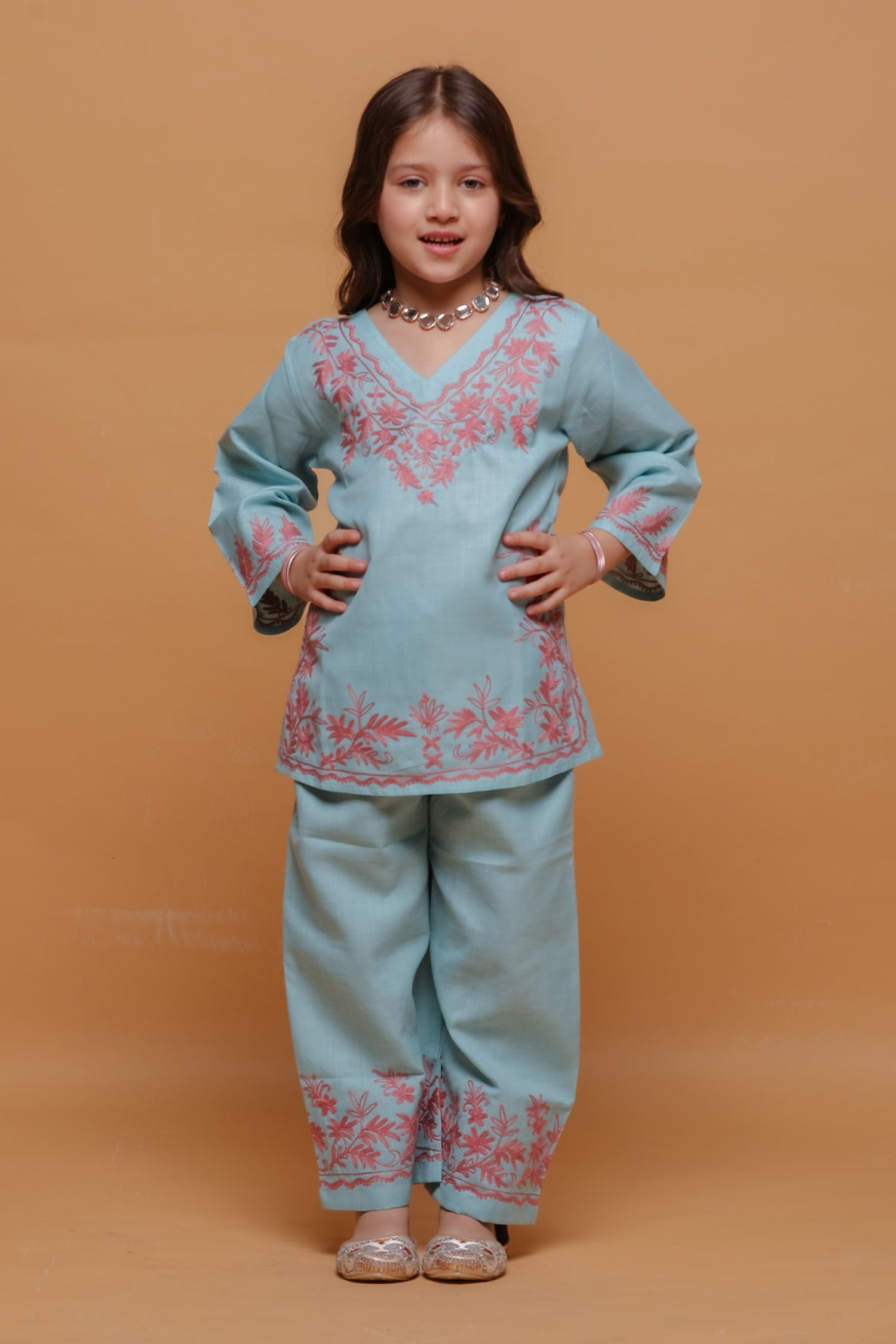 Kids Powder Blue Cotton Kurta Set with Kashmiri Aari Work