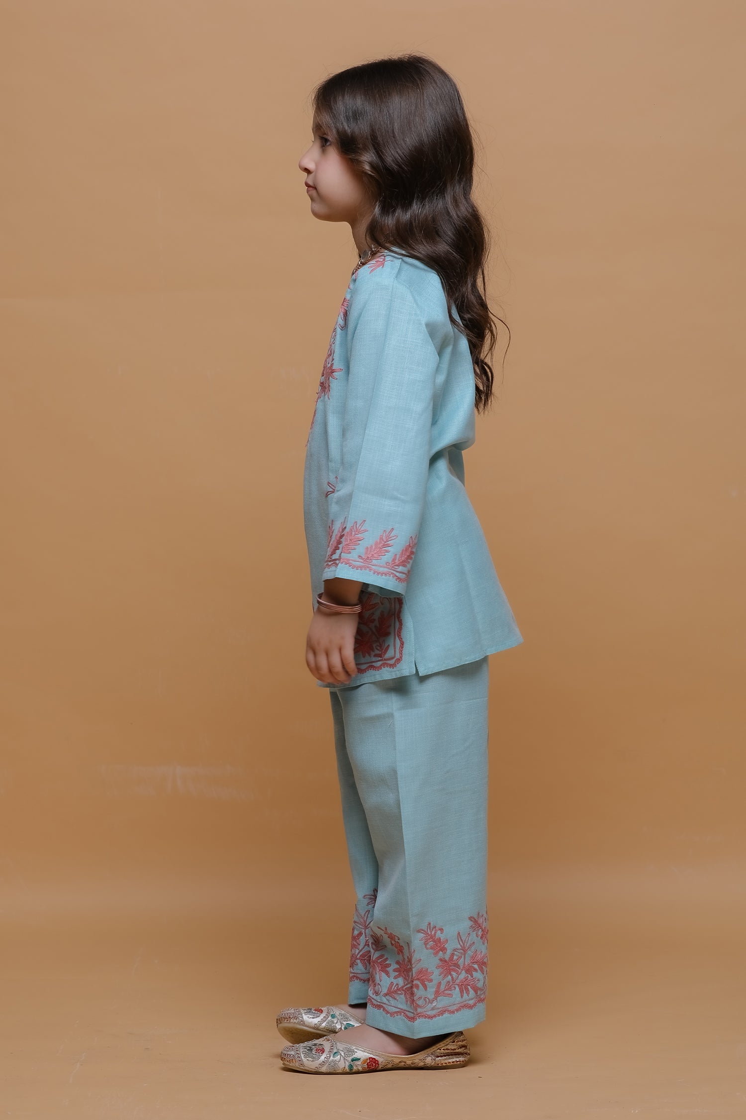 Kids Powder Blue Cotton Kurta Set with Kashmiri Aari Work