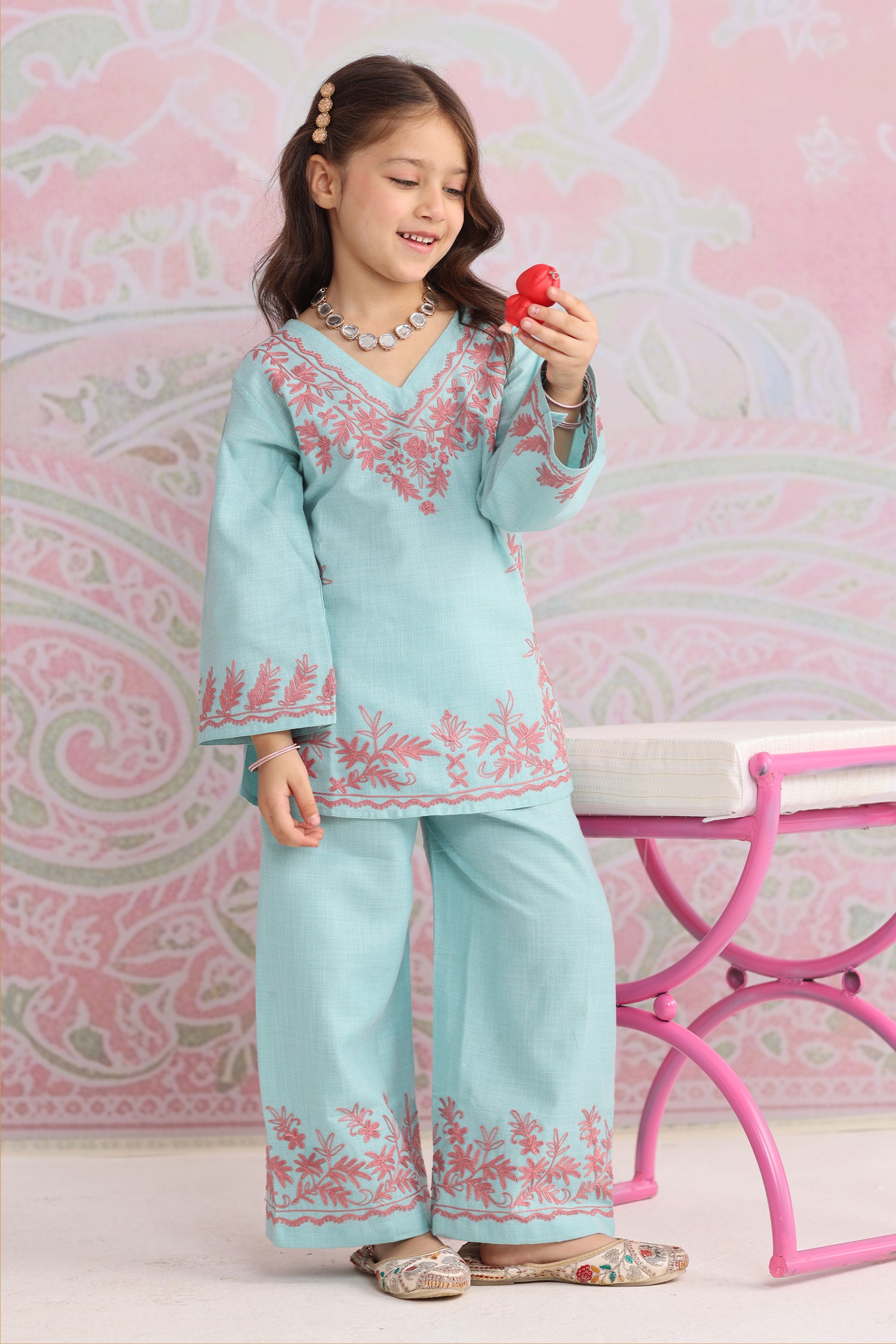 Kids Powder Blue Cotton Kurta Set with Kashmiri Aari Work