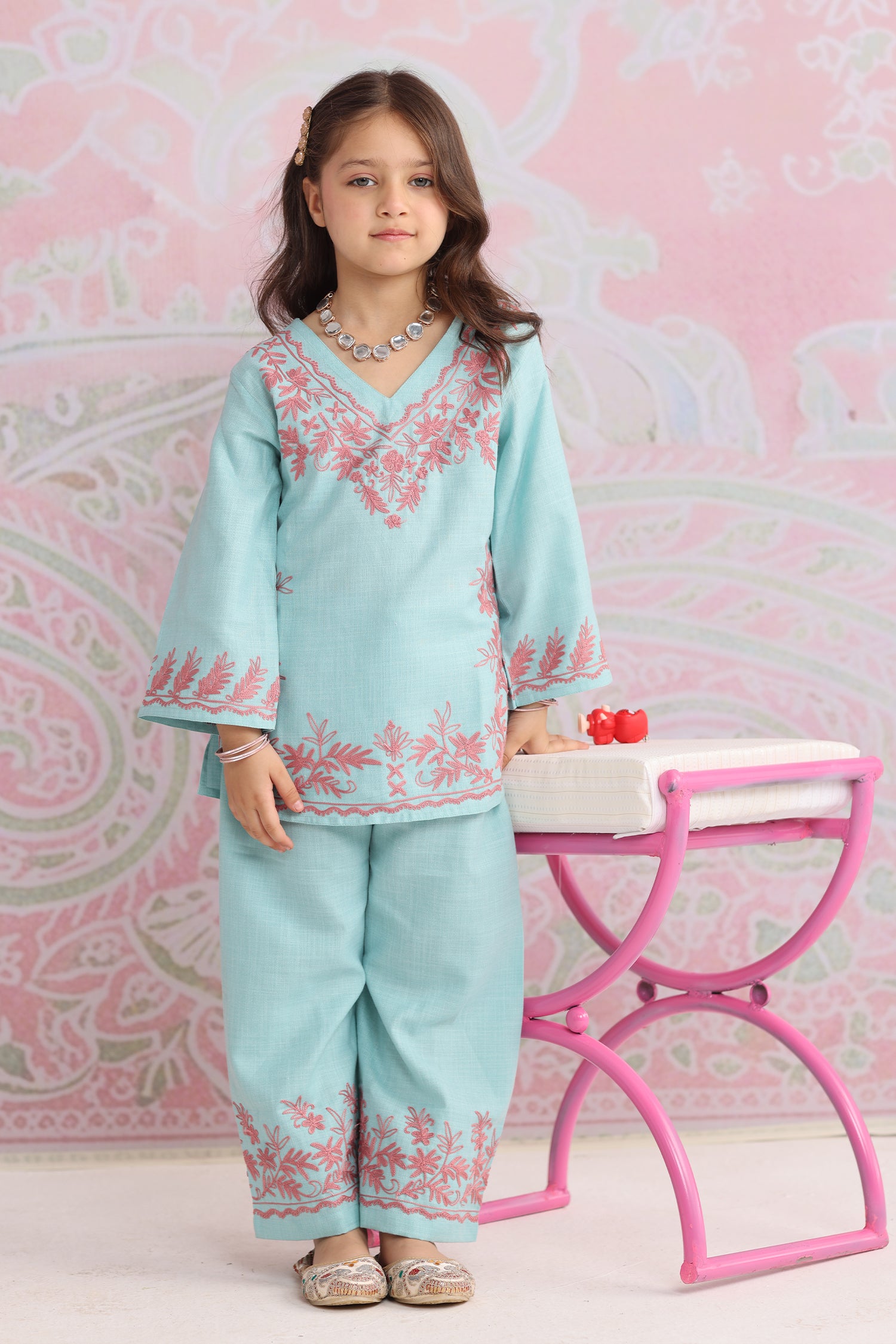 Kids Powder Blue Cotton Kurta Set with Kashmiri Aari Work