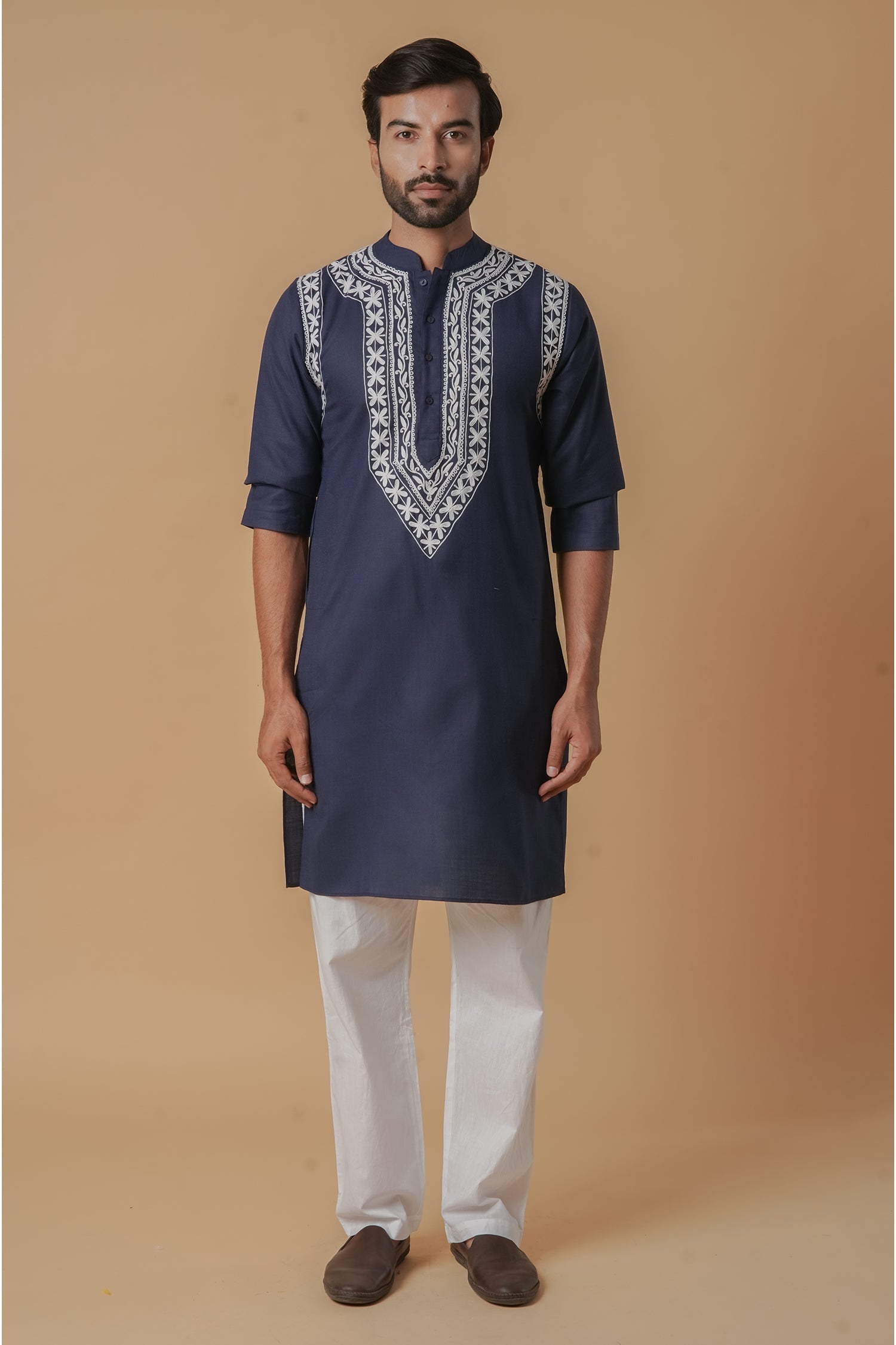 Cotton Aari Work Kurta for Men – Navy Blue