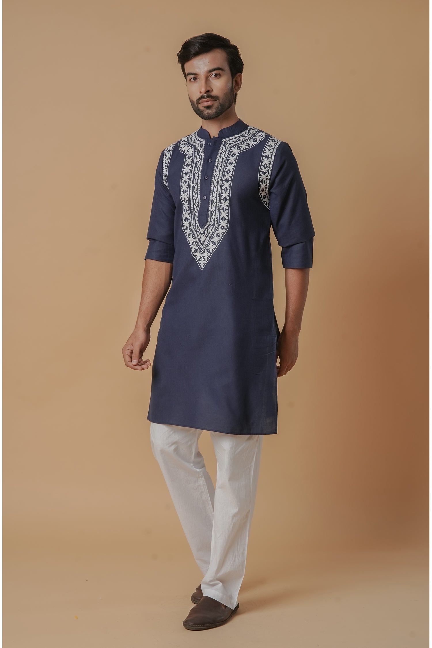 Cotton Aari Work Kurta for Men – Navy Blue