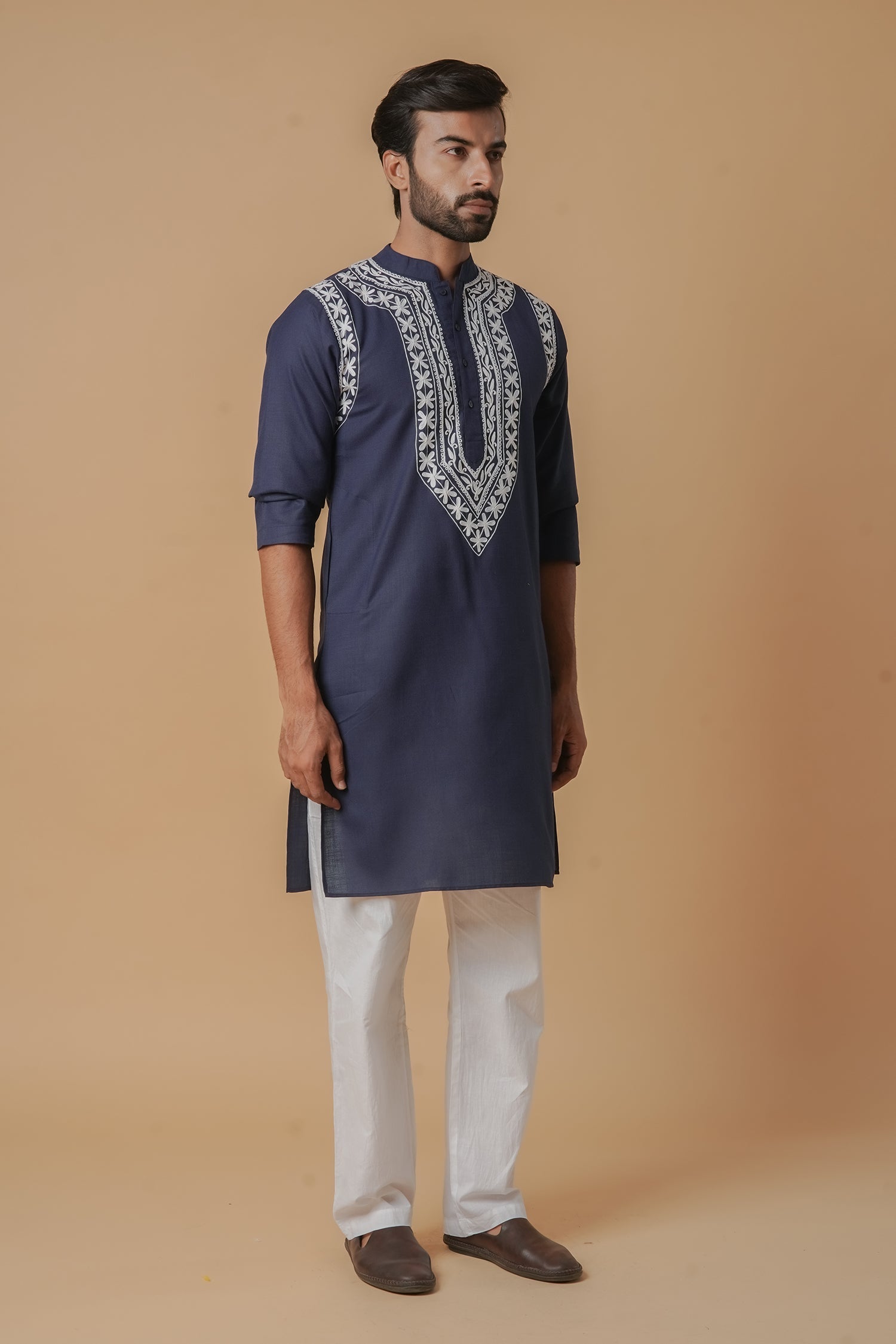 Cotton Aari Work Kurta for Men – Navy Blue