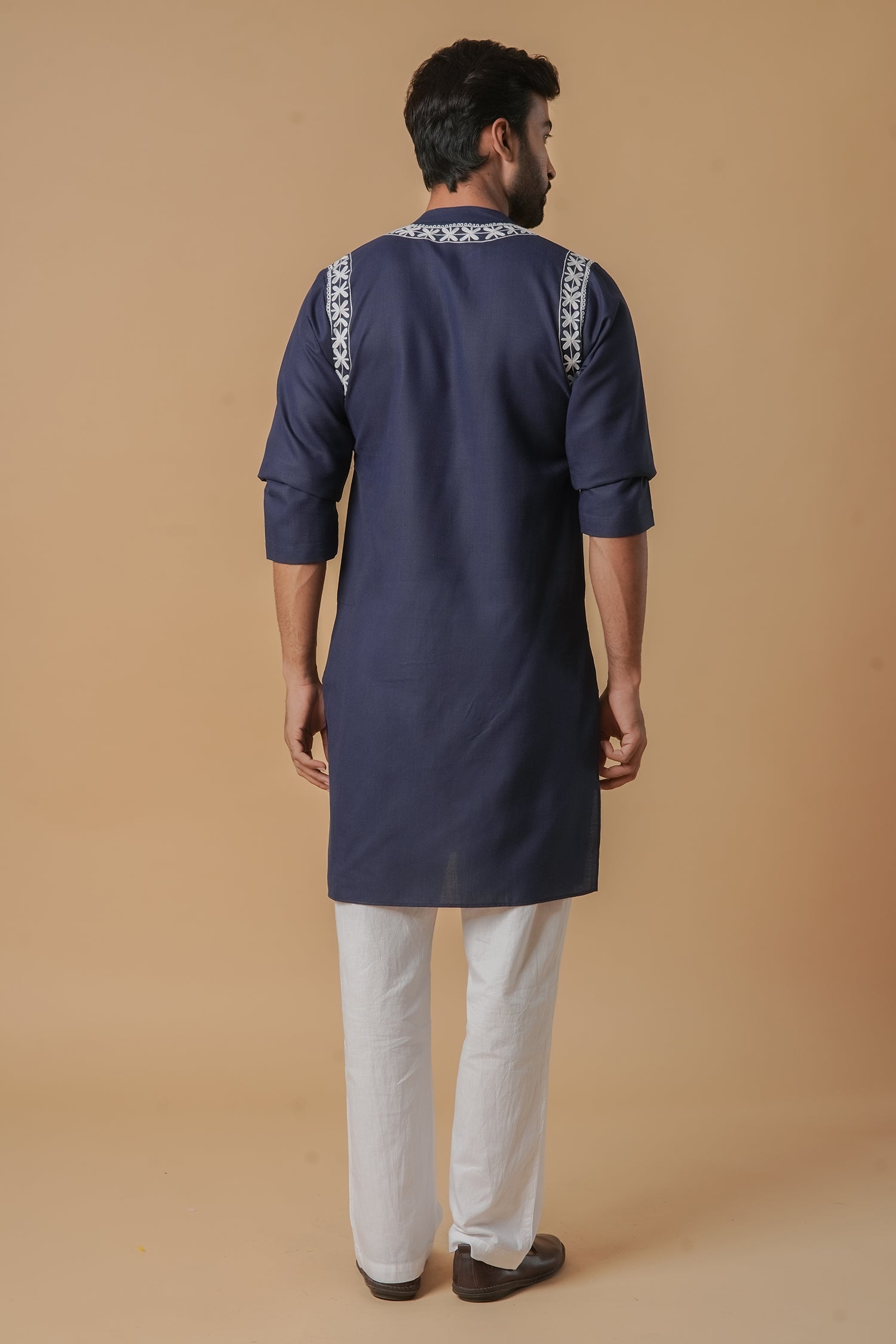 Cotton Aari Work Kurta for Men – Navy Blue