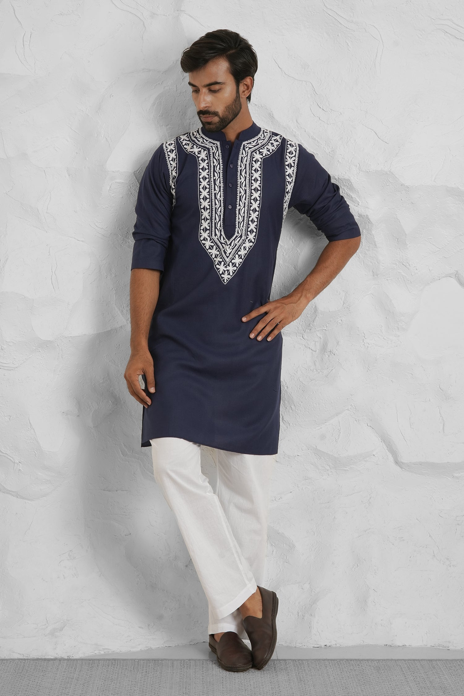 Cotton Aari Work Kurta for Men – Navy Blue