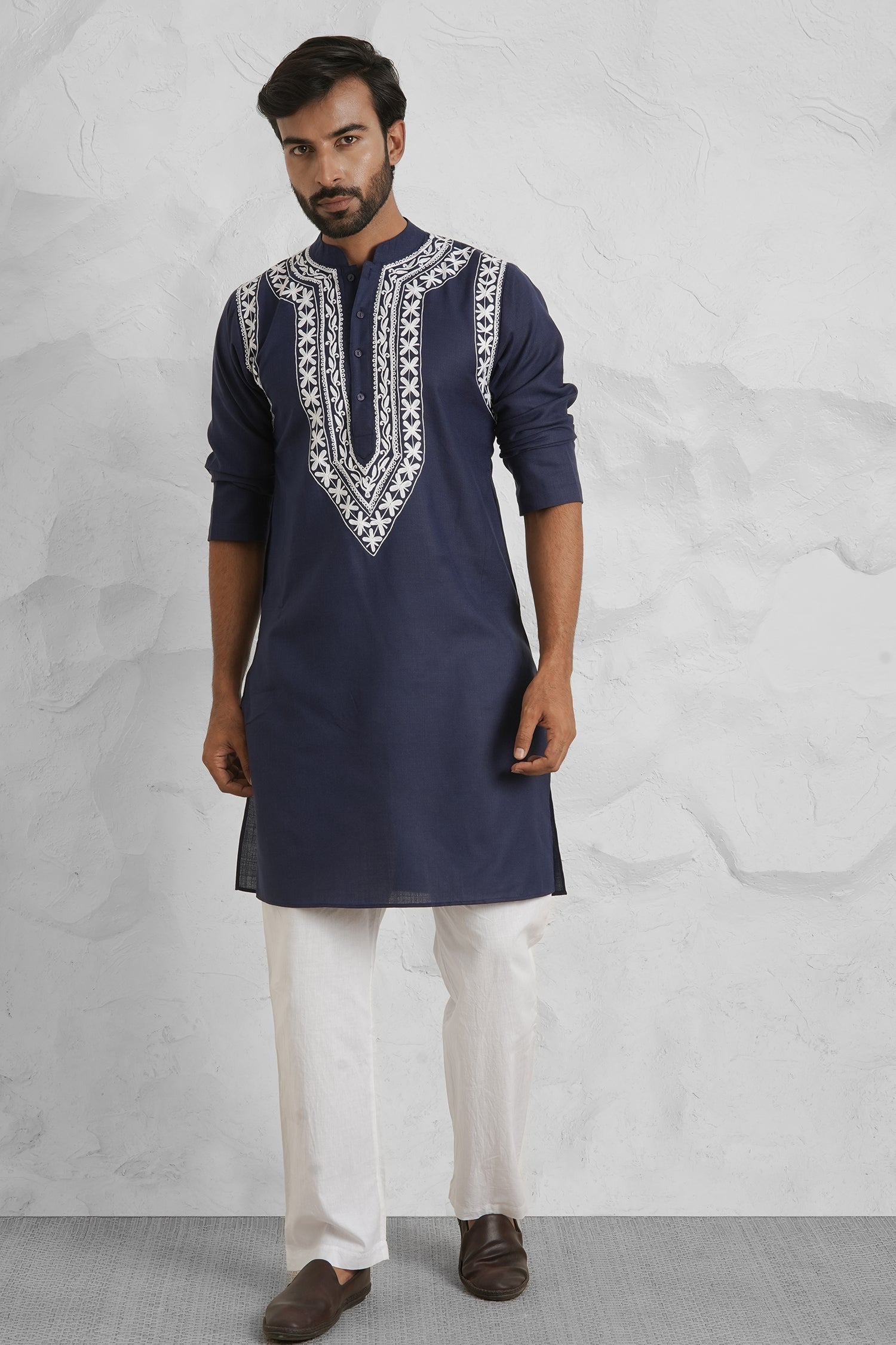 Cotton Aari Work Kurta for Men – Navy Blue