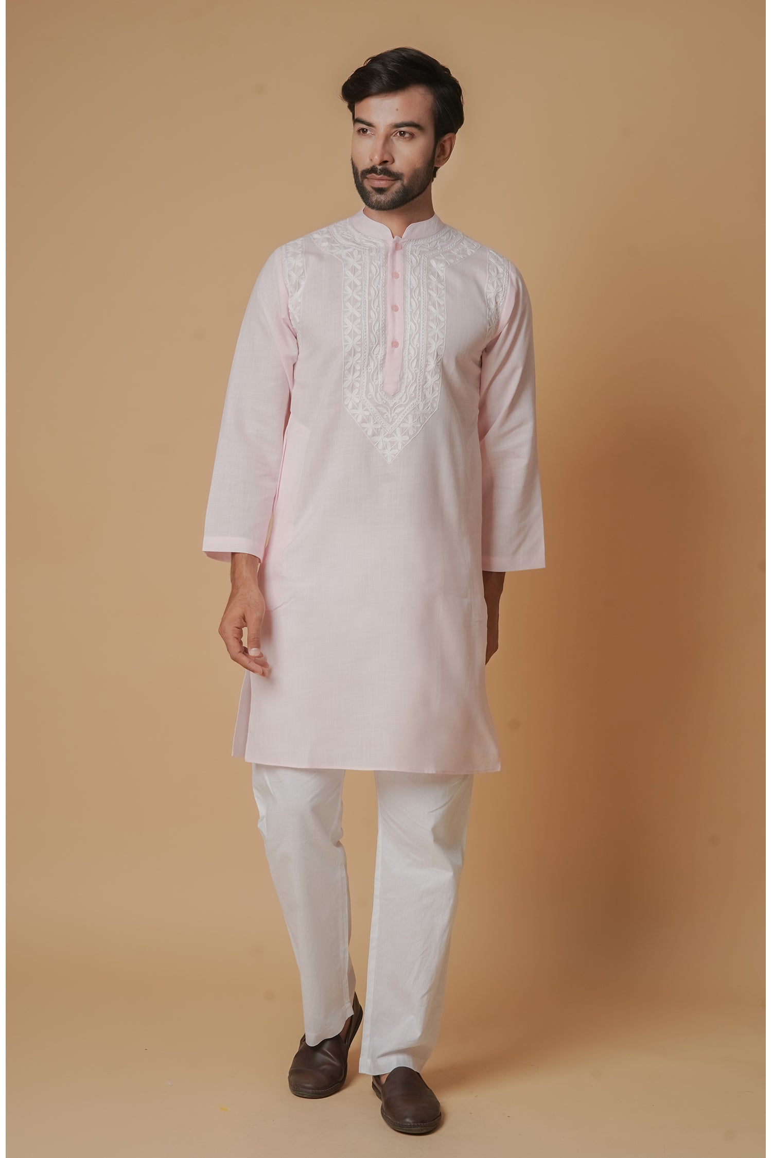 Cotton Aari Work Kurta for Men – Pink