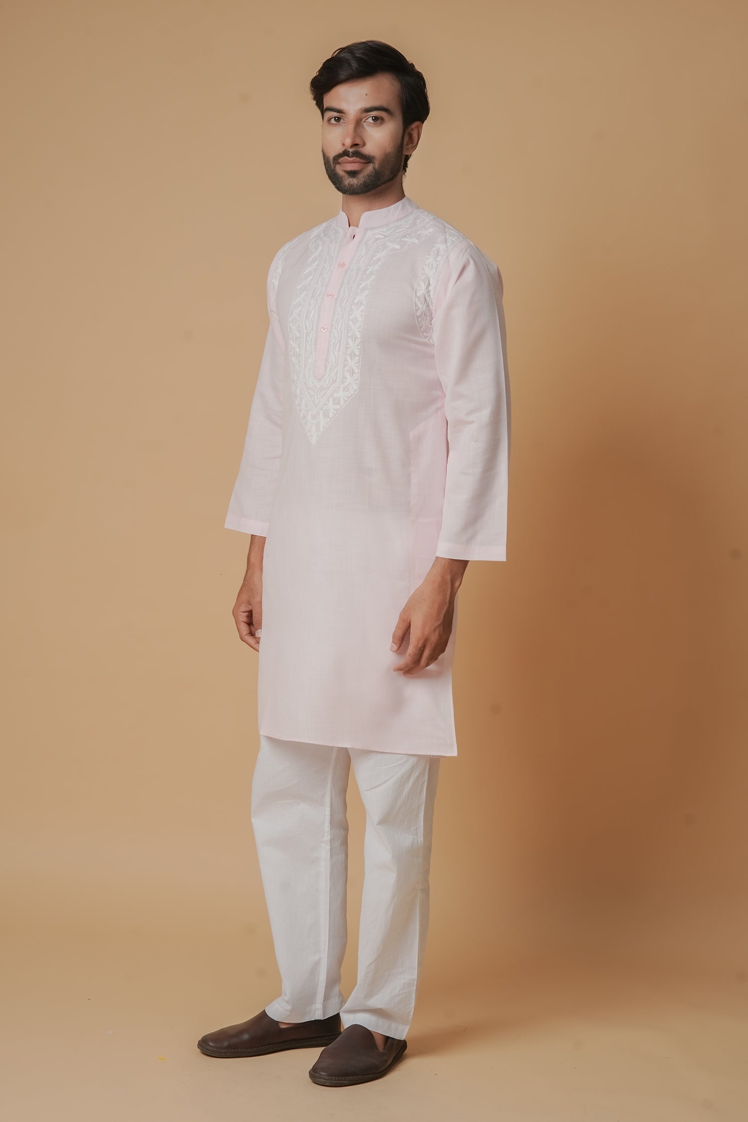 Cotton Aari Work Kurta for Men – Pink