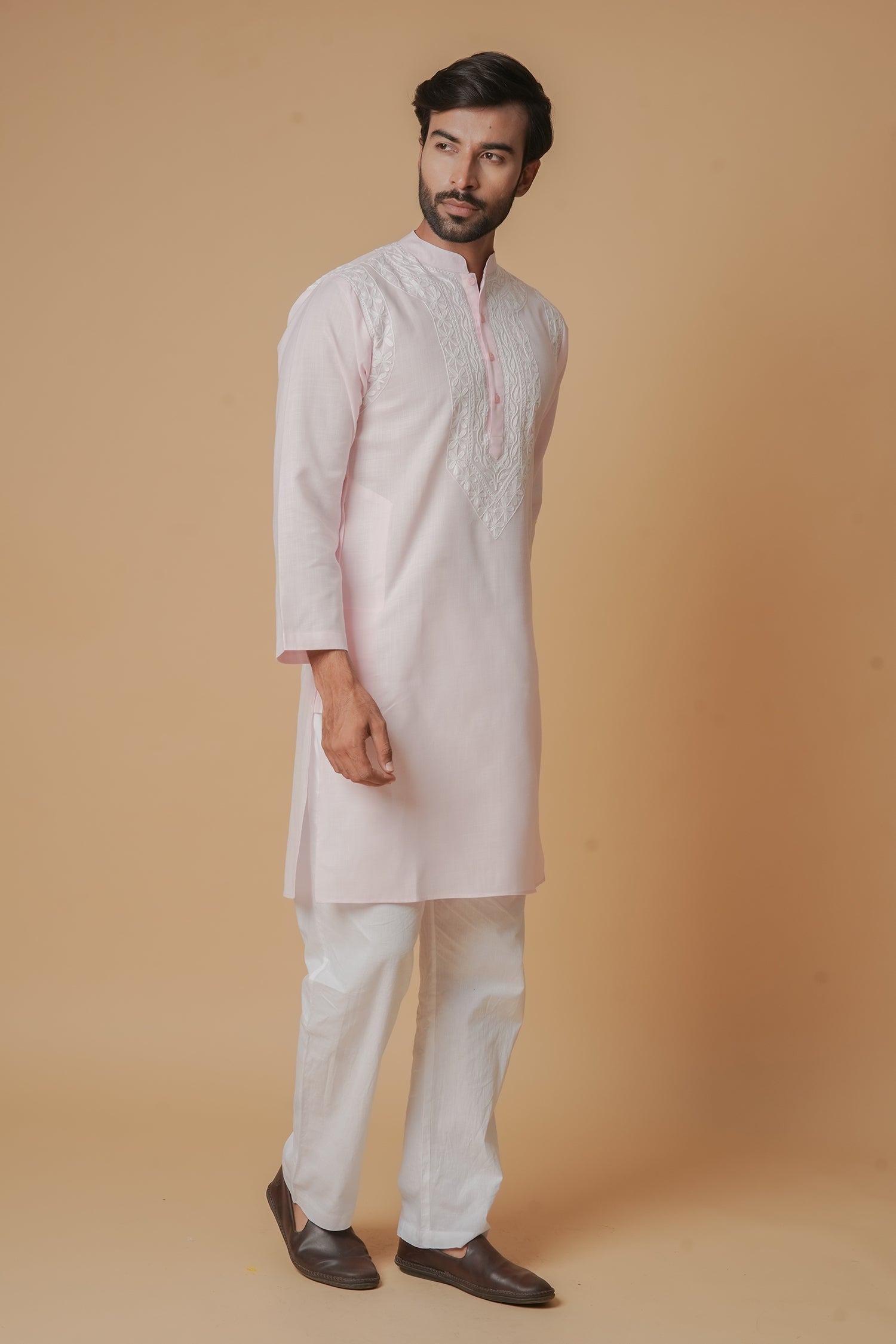 Cotton Aari Work Kurta for Men – Pink