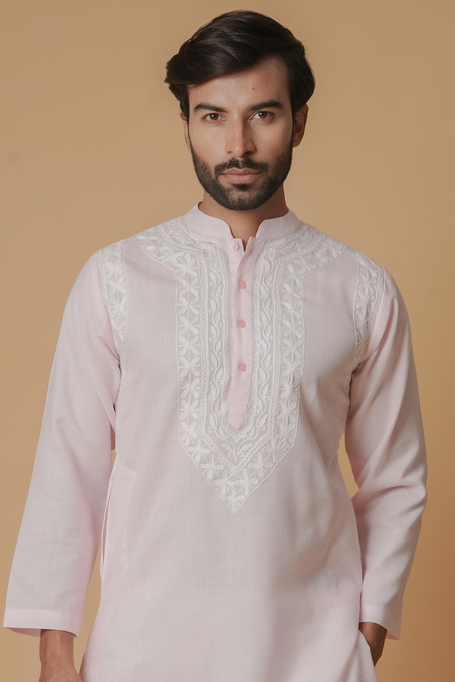 Cotton Aari Work Kurta for Men – Pink