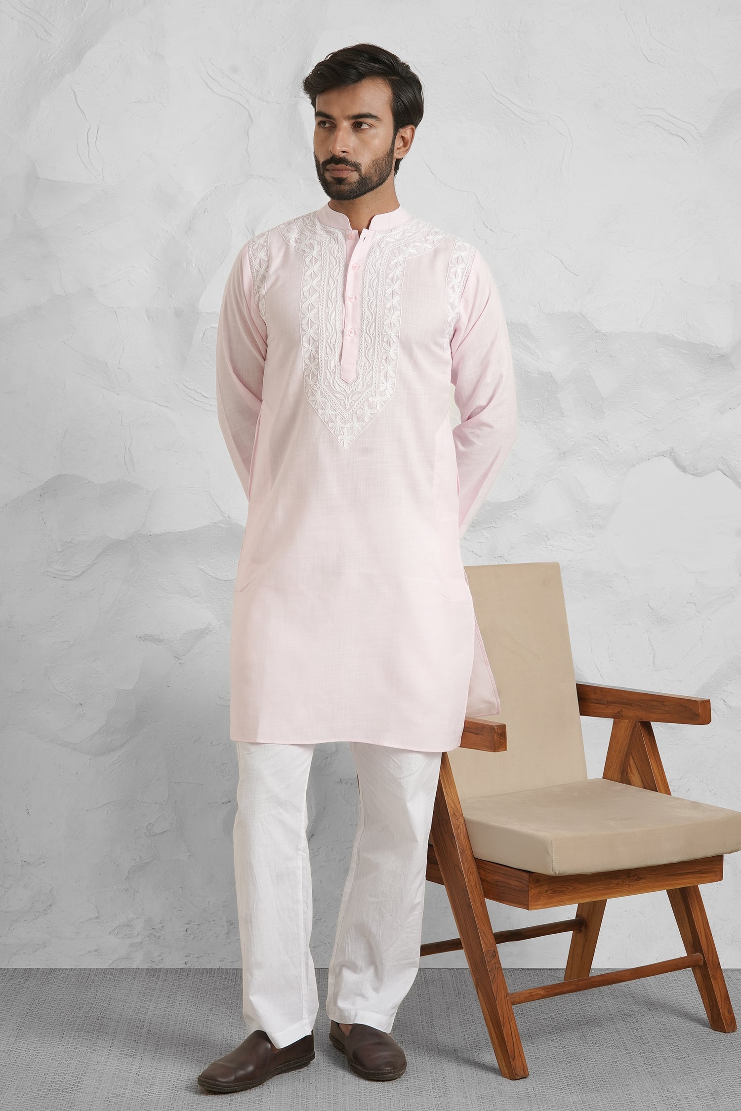 Cotton Aari Work Kurta for Men – Pink