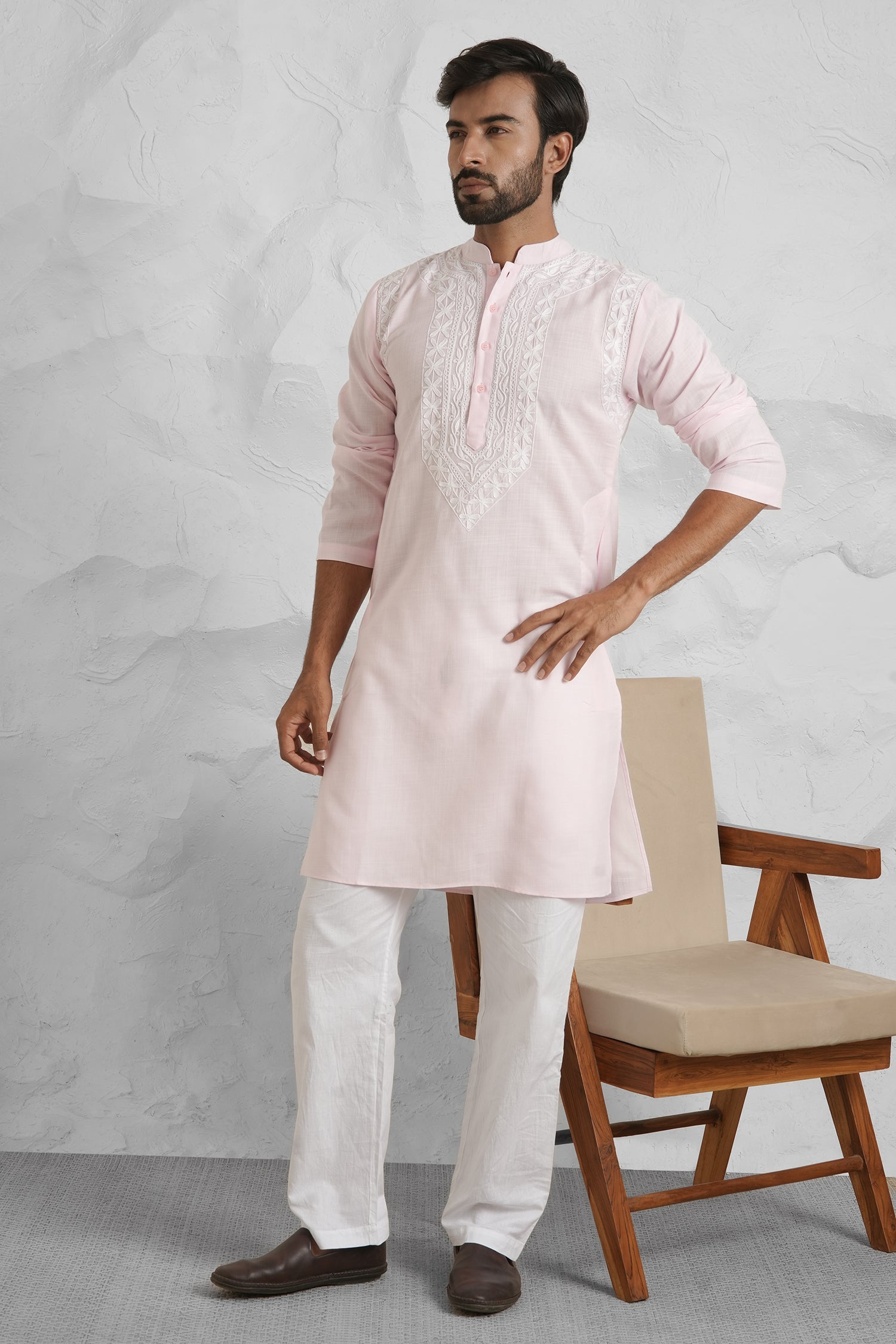 Cotton Aari Work Kurta for Men – Pink