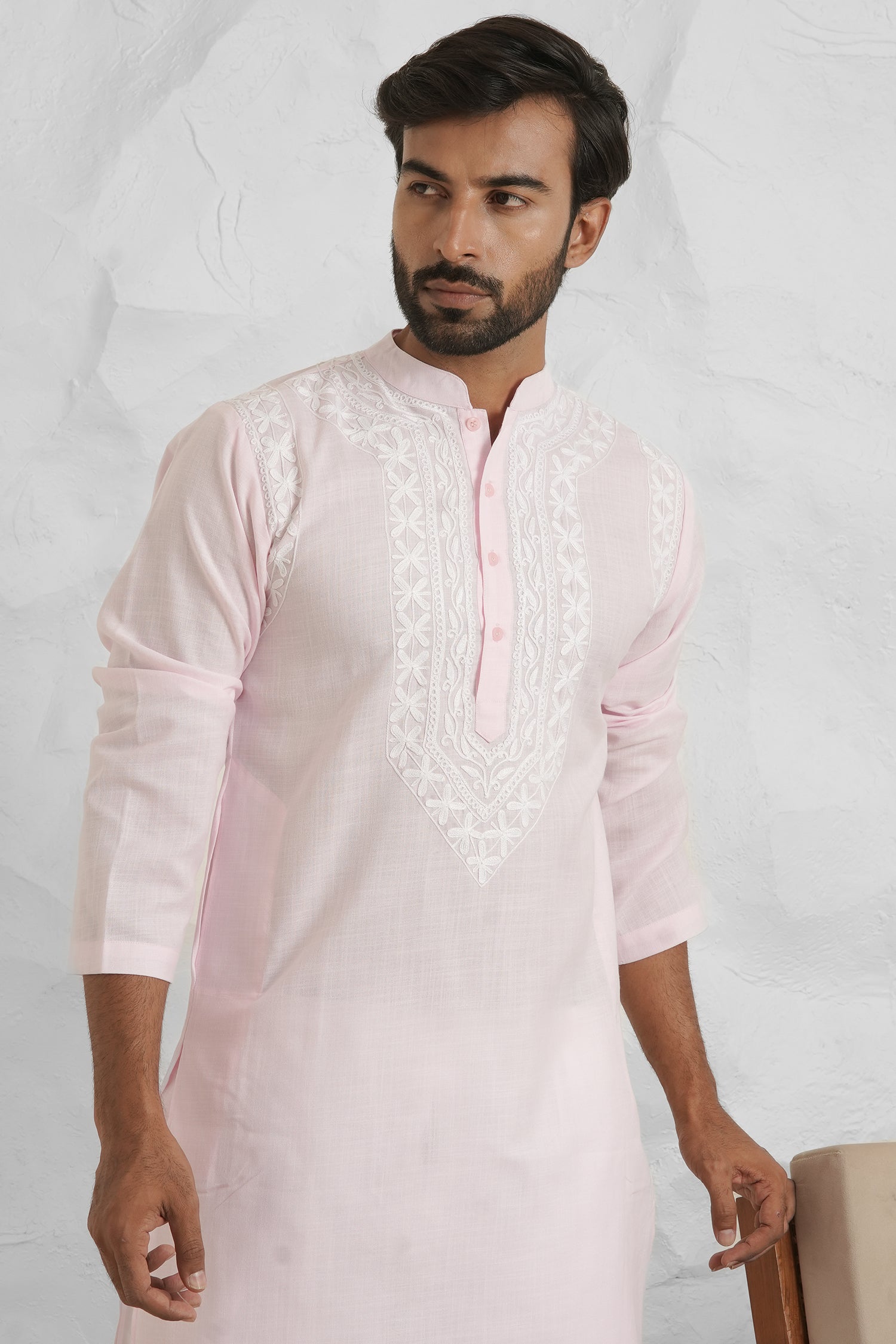 Cotton Aari Work Kurta for Men – Pink