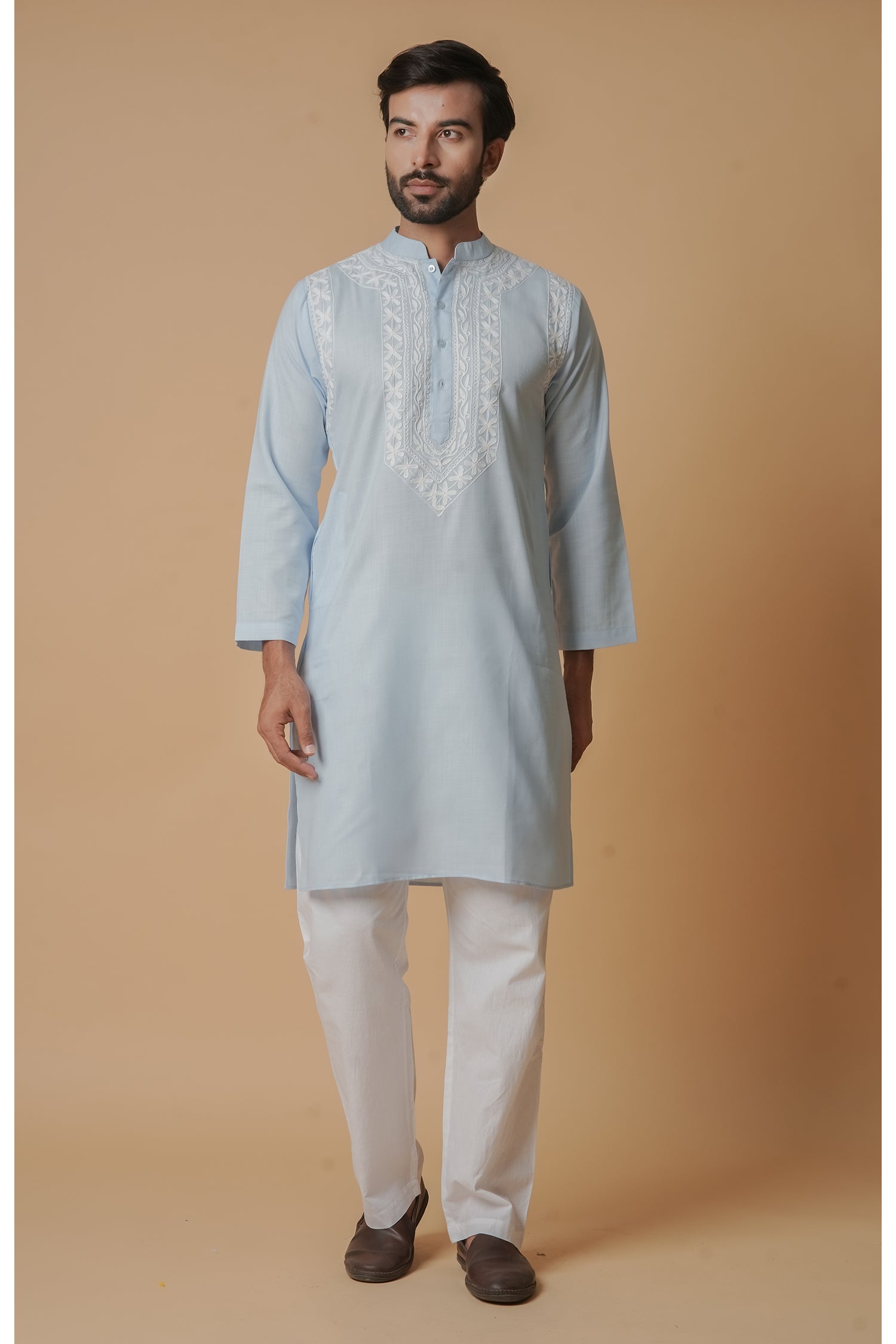 Cotton Aari Work Kurta for Men – Sky Blue