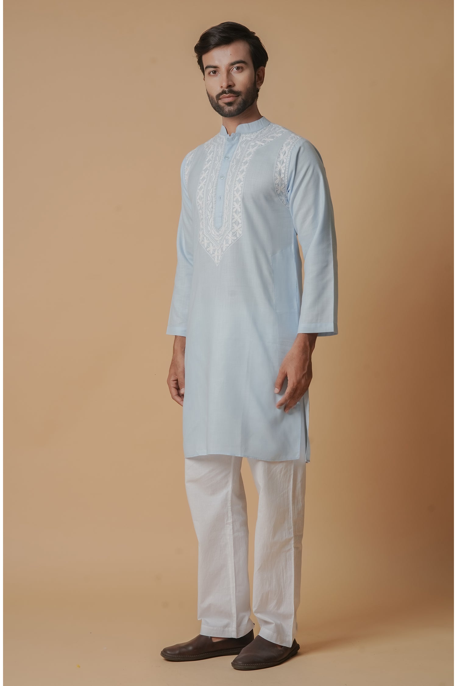Cotton Aari Work Kurta for Men – Sky Blue