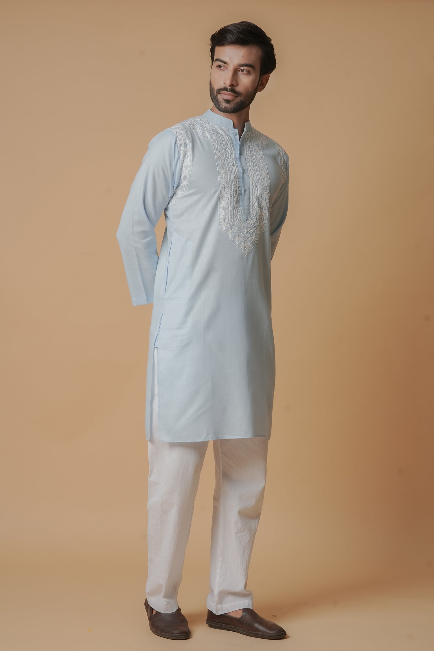 Cotton Aari Work Kurta for Men – Sky Blue