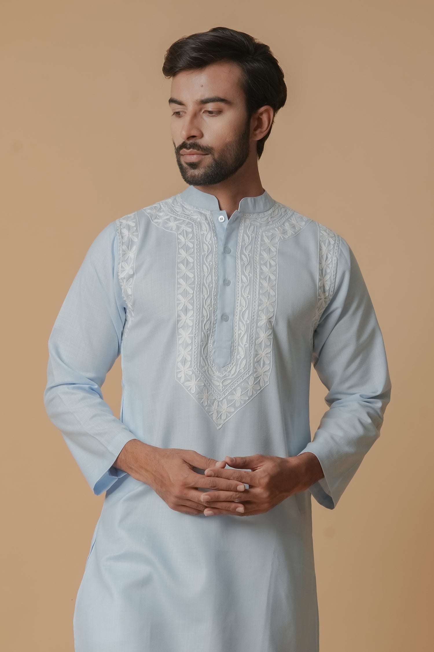 Cotton Aari Work Kurta for Men – Sky Blue