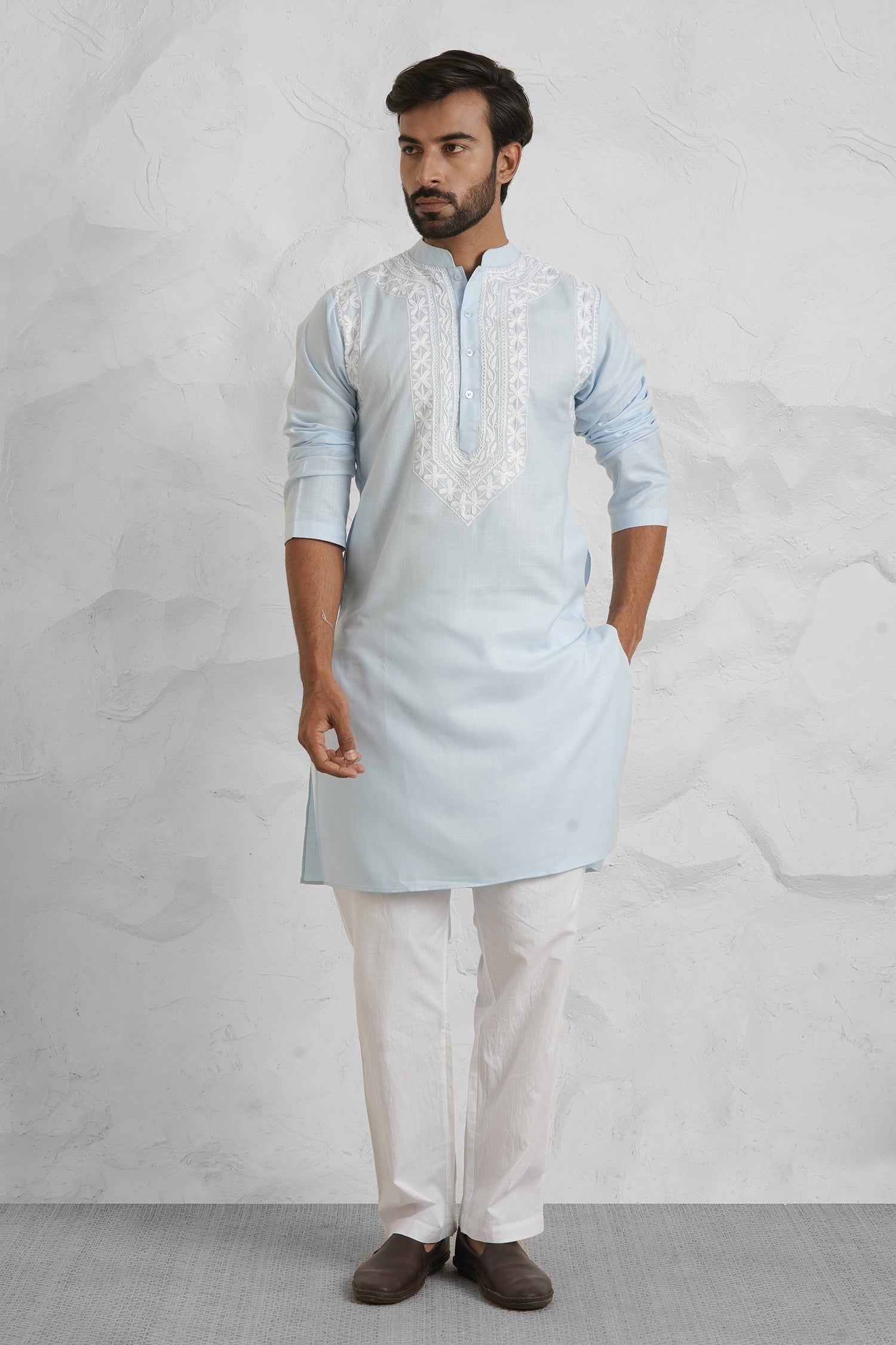 Cotton Aari Work Kurta for Men – Sky Blue