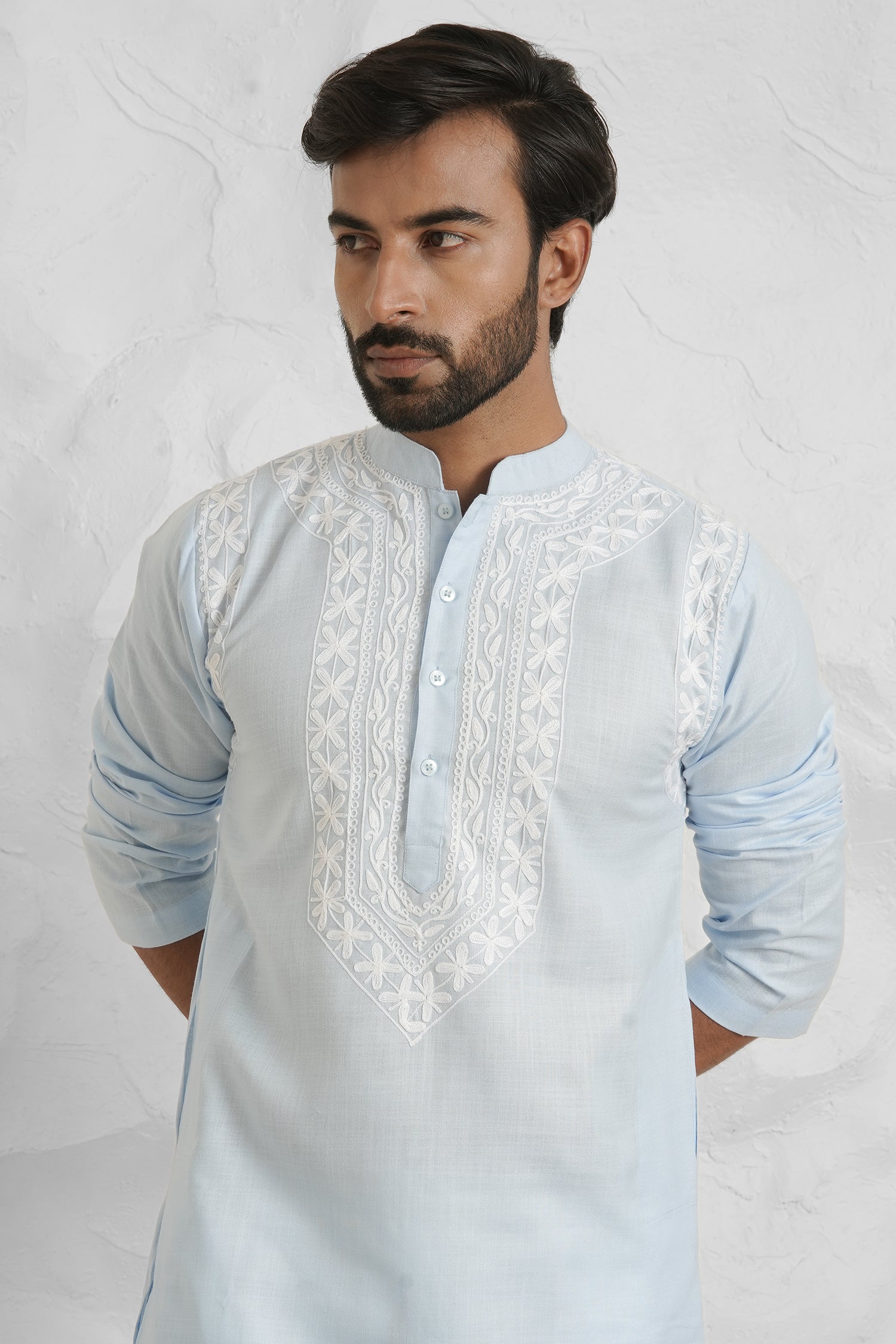 Cotton Aari Work Kurta for Men – Sky Blue