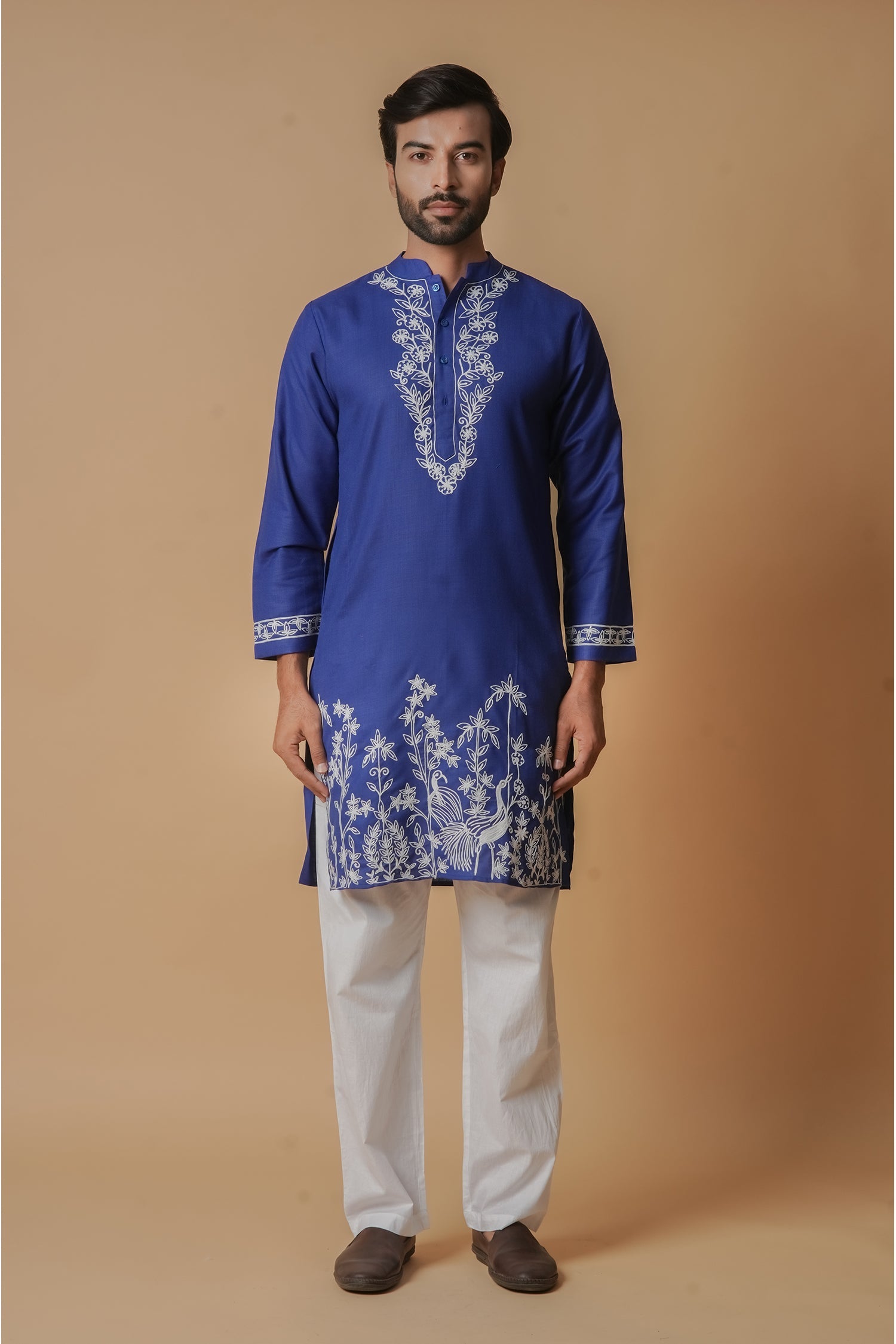 Cotton Aari Work Kurta for Men – Royal Blue