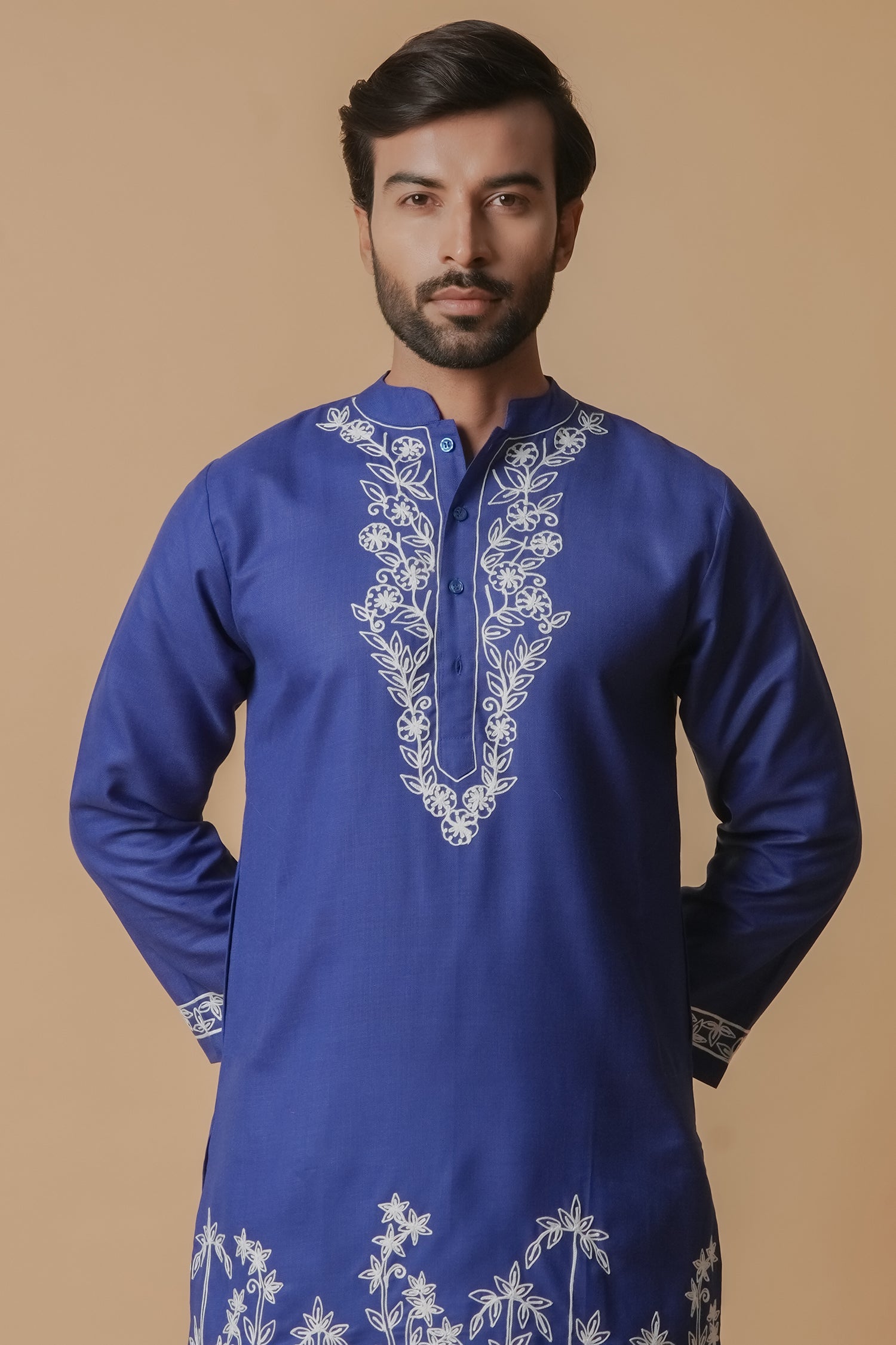 Cotton Aari Work Kurta for Men – Royal Blue