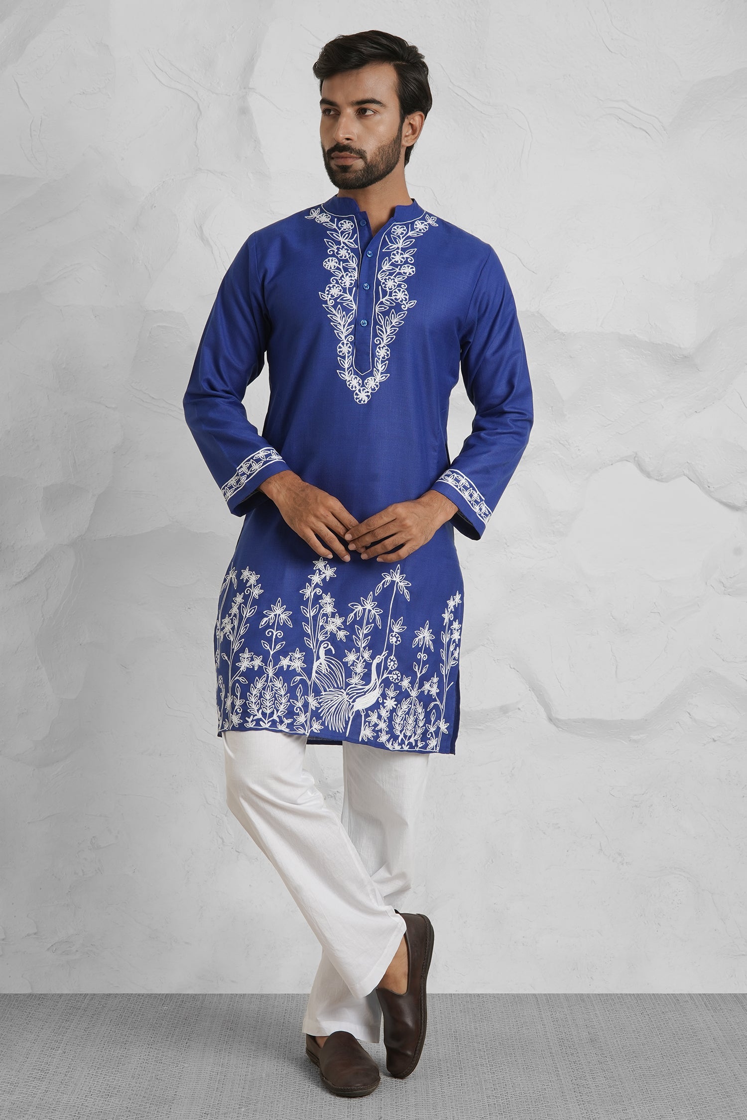 Cotton Aari Work Kurta for Men – Royal Blue