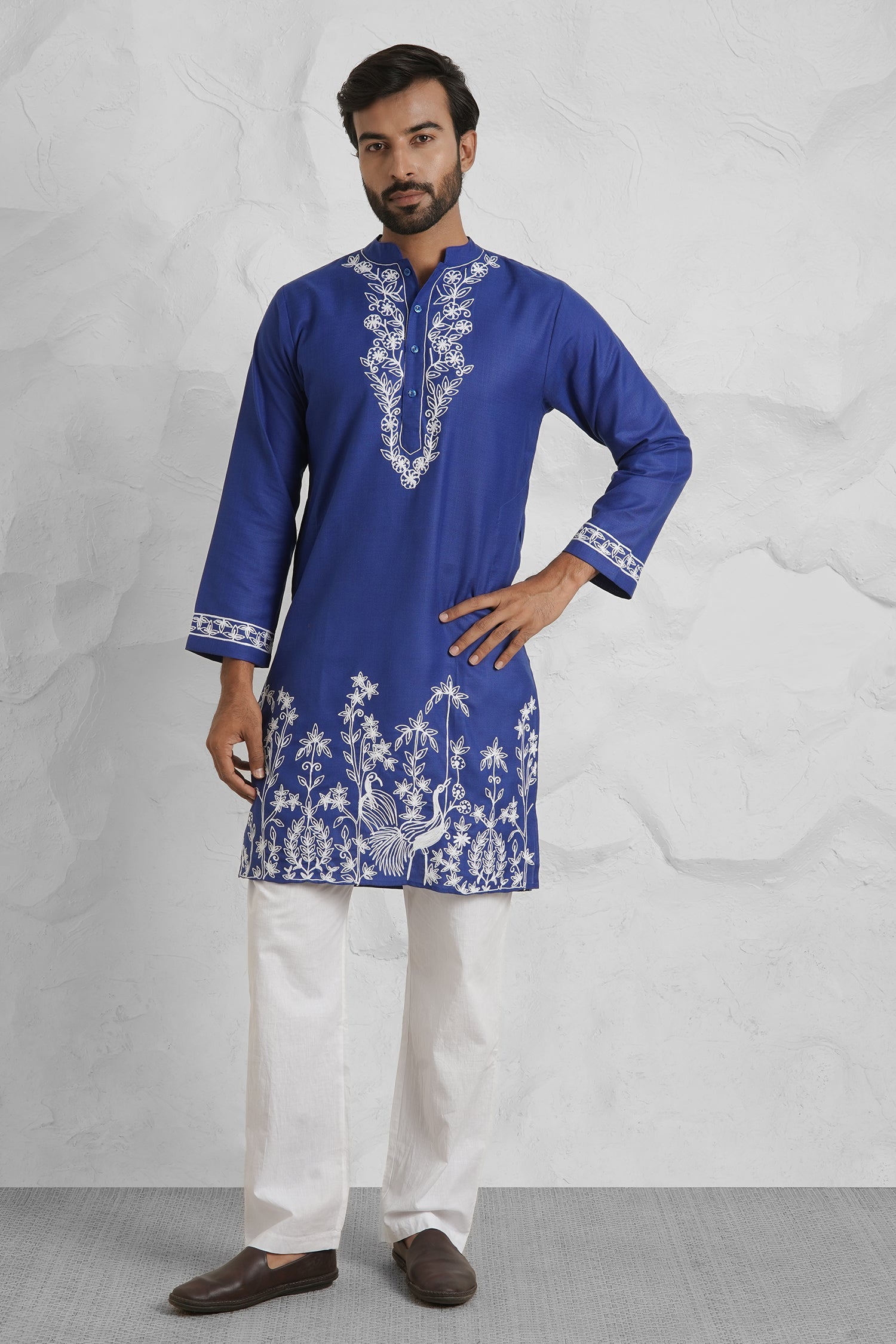 Cotton Aari Work Kurta for Men – Royal Blue