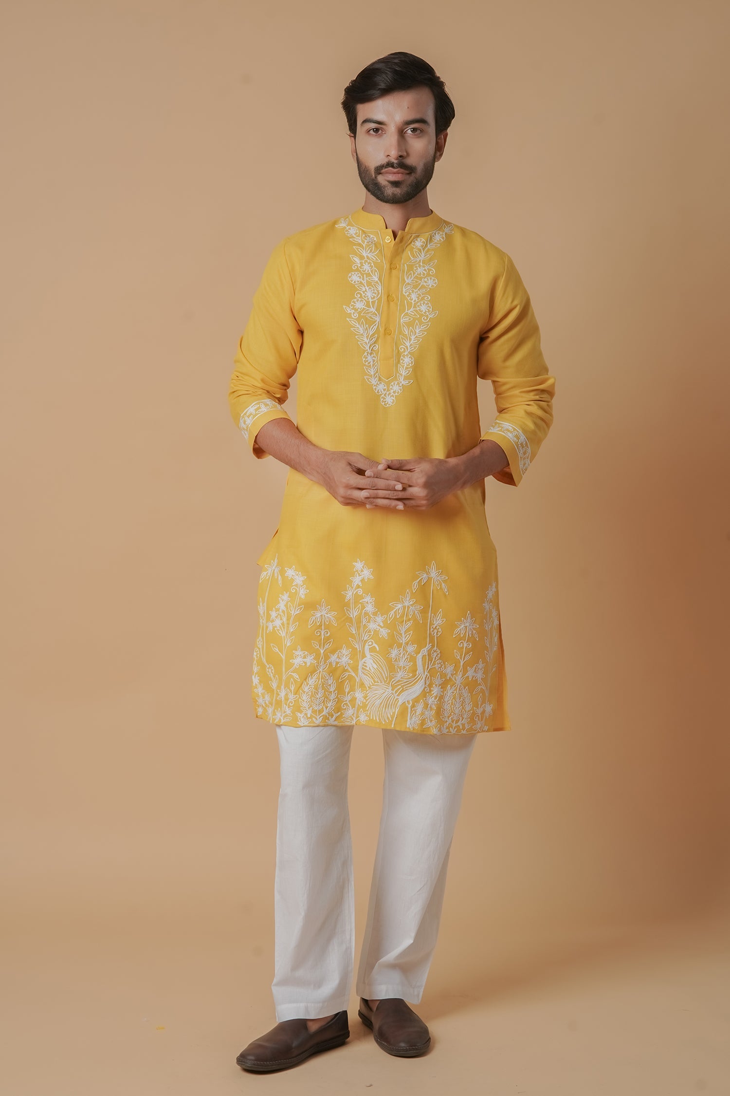 Cotton Aari Work Kurta for Men – Yellow