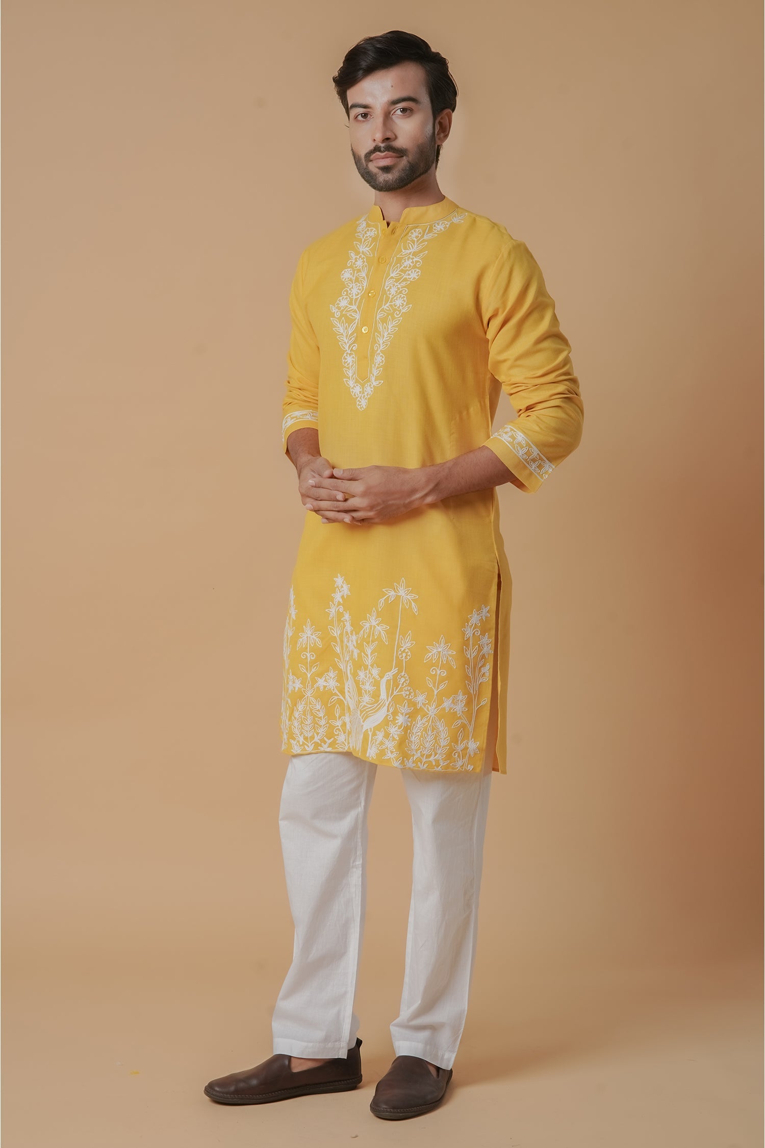 Cotton Aari Work Kurta for Men – Yellow