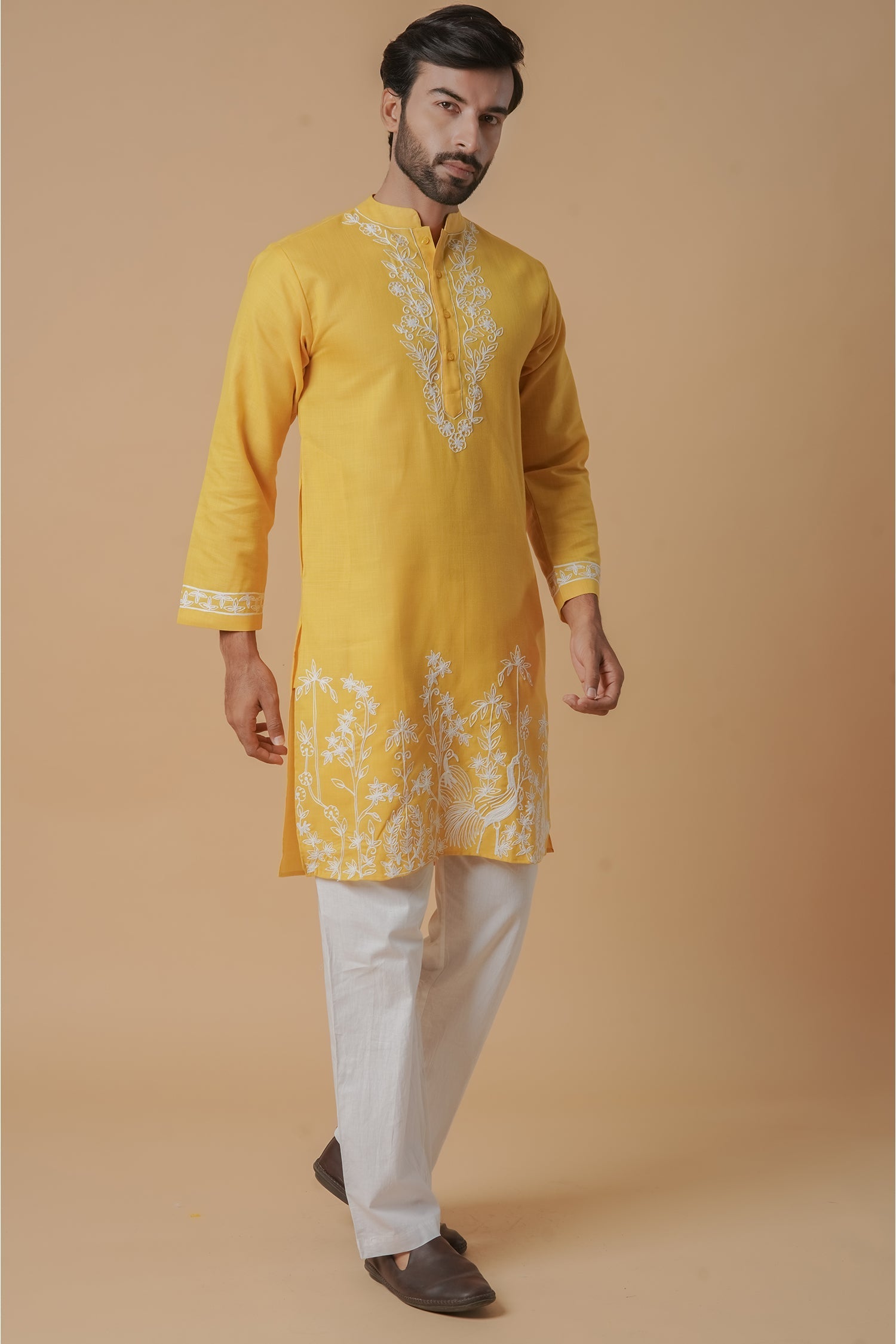 Cotton Aari Work Kurta for Men – Yellow